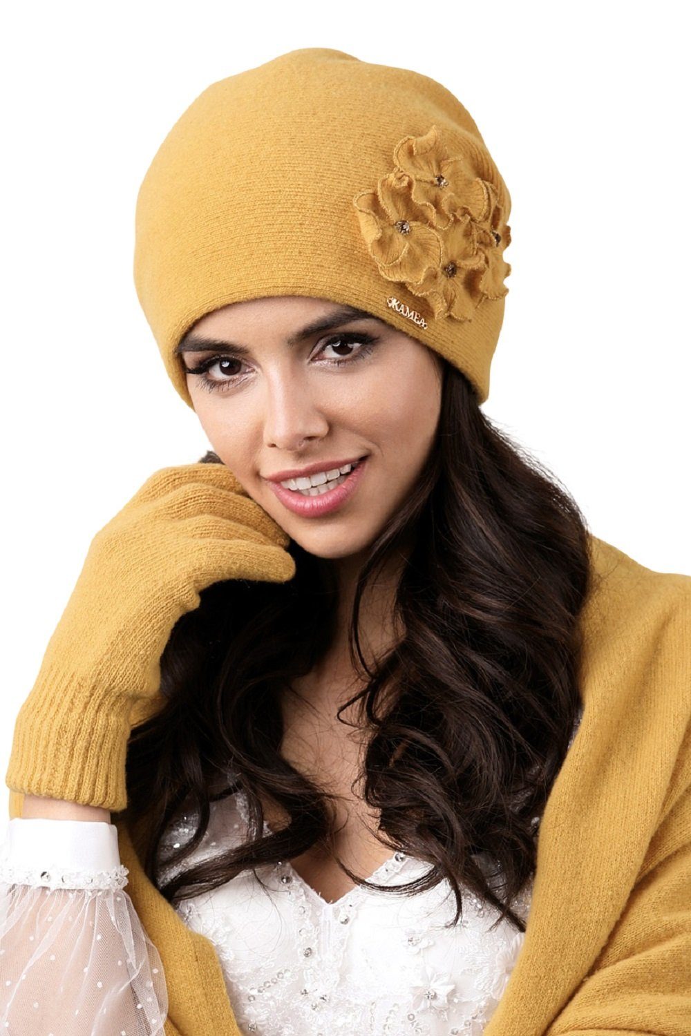 Kamea Strickmütze Damen Winterset Andora Mütze mit passendem XL Schal, hergestellt in EU Honiggelb