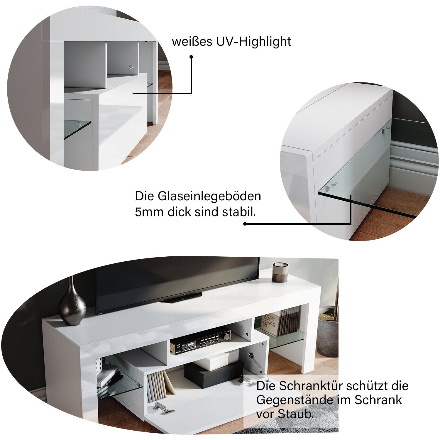 SONNI TV-Schrank TV Lowboard mit Breite Beleuchtung Weiß schrank Hochglanz tv LED sideboards wohnzimmer, 130cm in