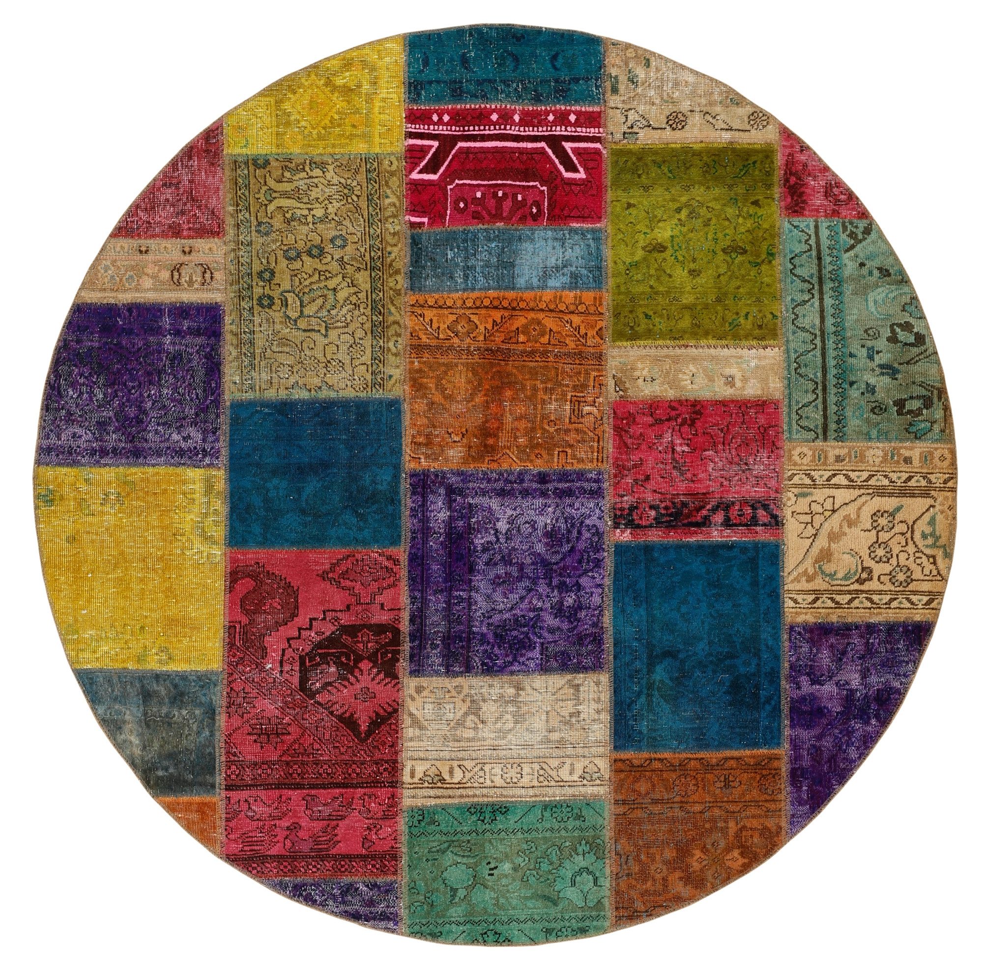 Wohnando Teppich MY-RUG Vintage Patch Work Floral & Ornamentiert 200x200cm, Rund, Höhe: 10 mm, Handgeknüpfter Teppich,Handgesponnene Wolle, mit Naturfarben gegärbt