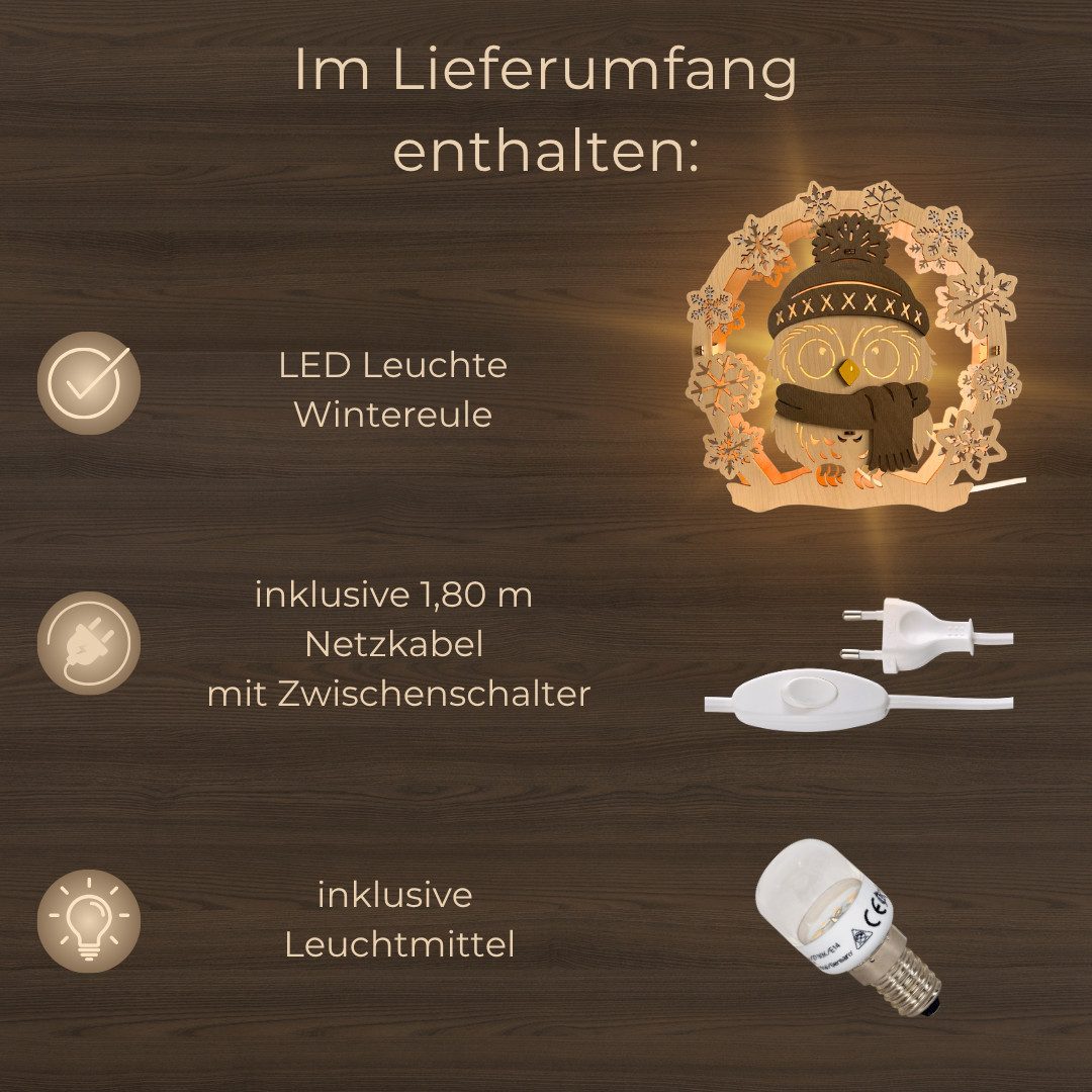 Weigla LED Dekolicht Wintereule, zum stellen, aus Holz, NATUR-BRAUN, LED wechselbar, Holzkunst aus dem Erzgebirge