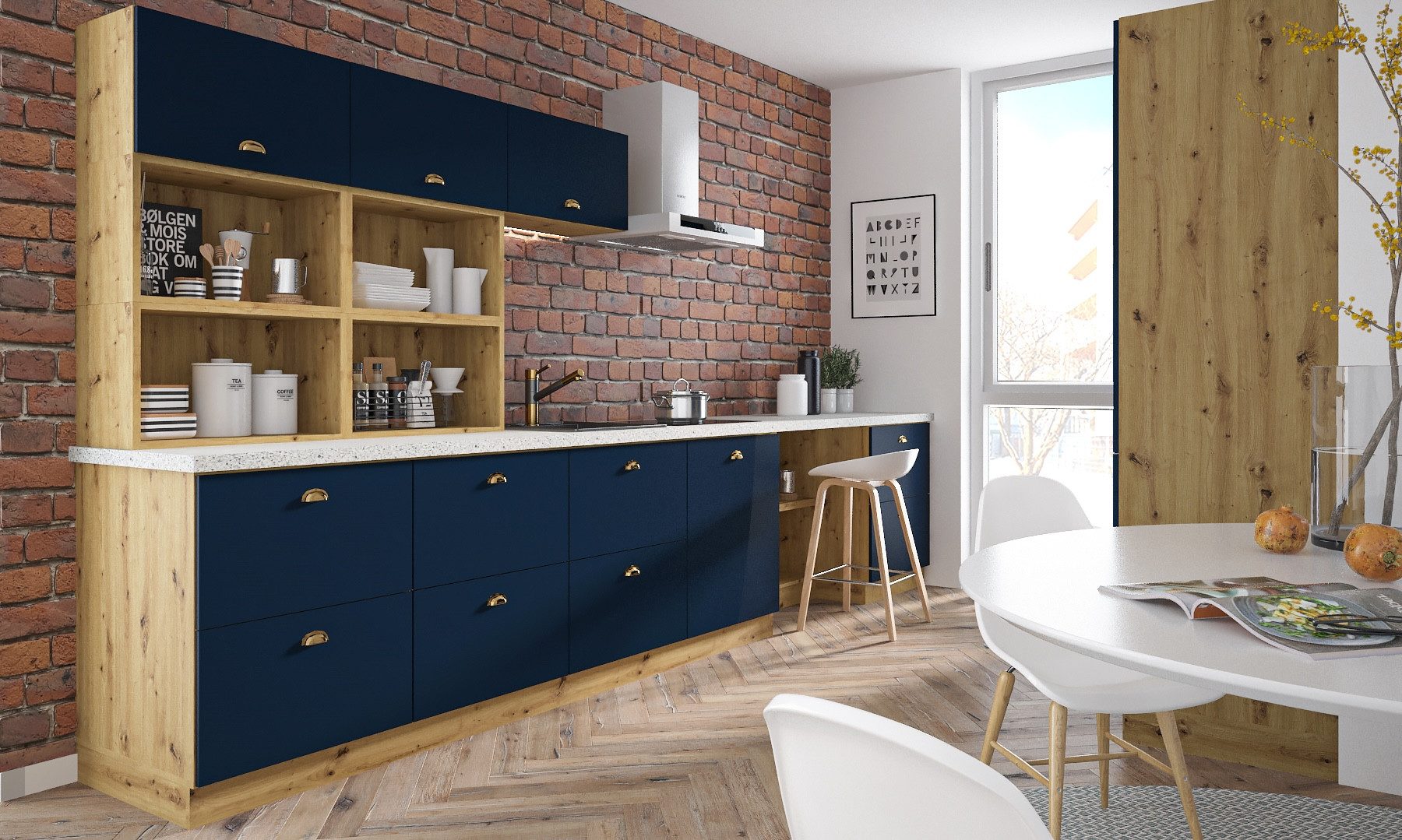Feldmann-Wohnen Küchenzeile, (Schubladen mit Teilauszug, mit Gasdruckdämpfer. Türanschlag wechselbar), 300x59x207cm Korpus eiche artisan Front marineblau matt