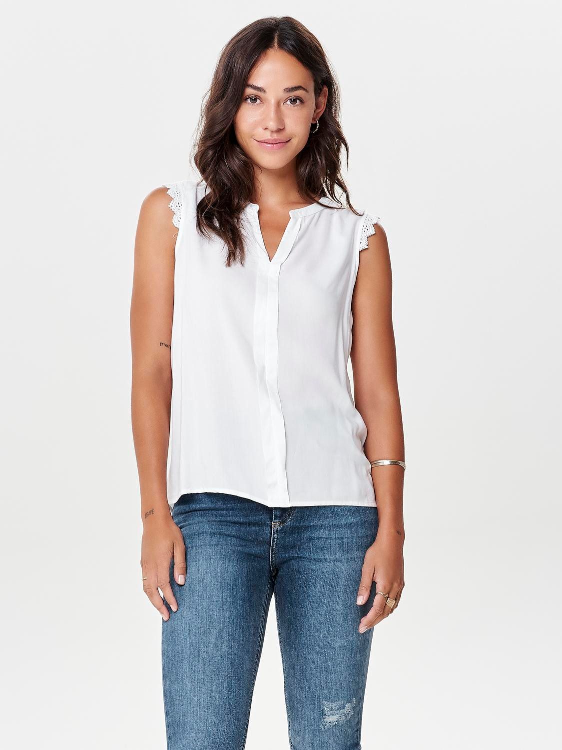 ONLY T-Shirt Legere mit Spitzen Details Ärmellos ONLKIMMI S/L TOP WVN NOOS