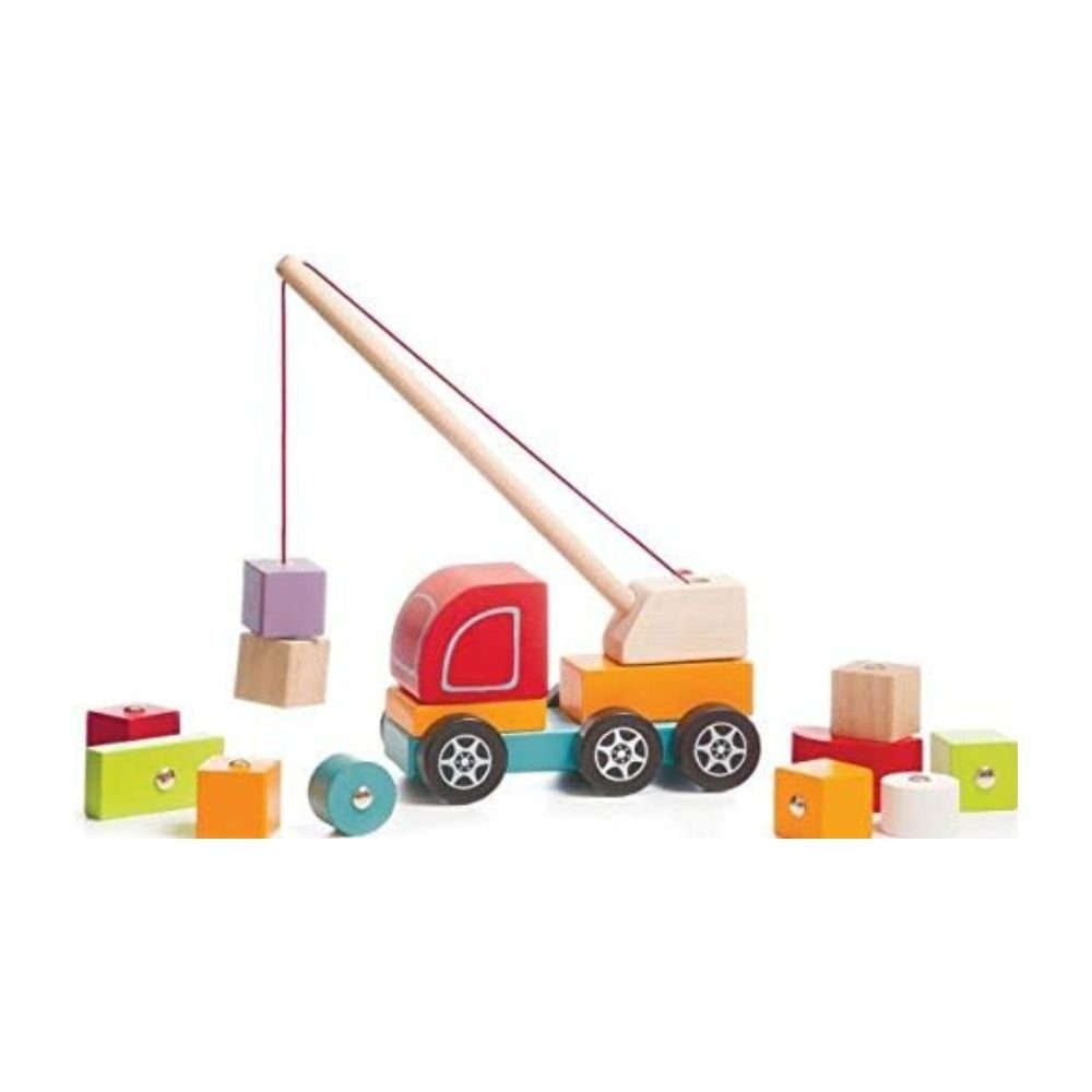 Cubika Spielcenter Bunter Kranwagen Holz mit Magnet 11 Teile Lernspielzeug Kinder, Kreatives Motorikspielzeug, Auge-Hand-Koordination