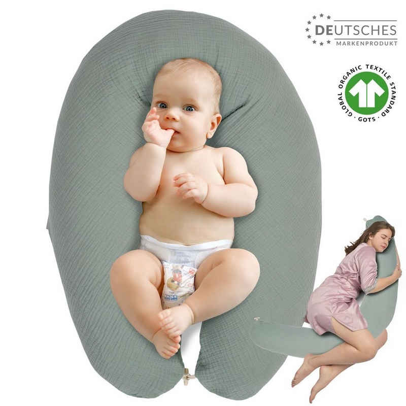 SEI Design Stillkissen Seitenschläferkissen XXL Babynest - Baby Erstausstattung Neugeborene, Schwangerschaftskissen mit Bezug, Musselin BIO Baumwolle