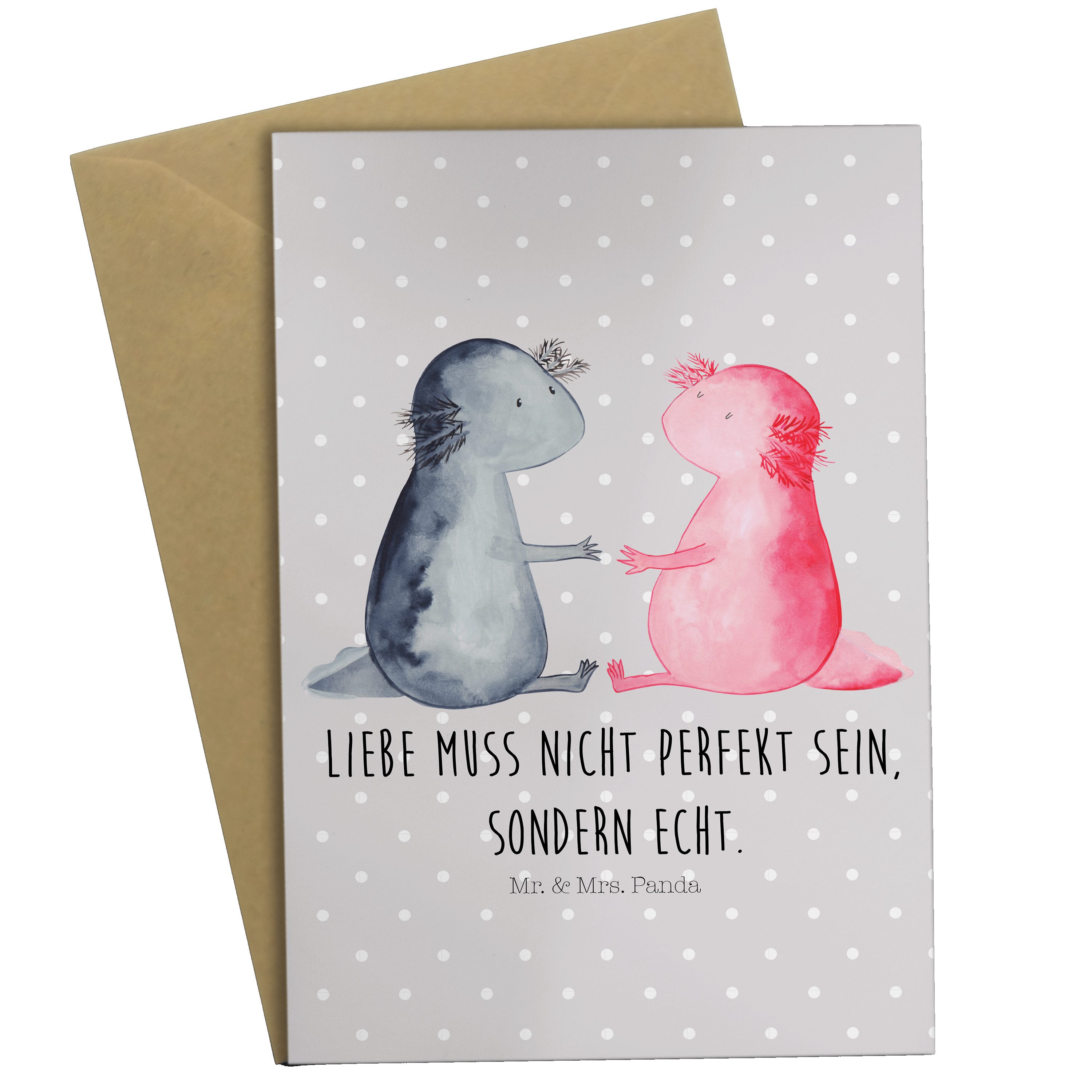 Mr. & Mrs. Panda Grußkarte Axolotl Liebe - Grau Pastell - Geschenk, Lurch, Lurche, Einladungskar