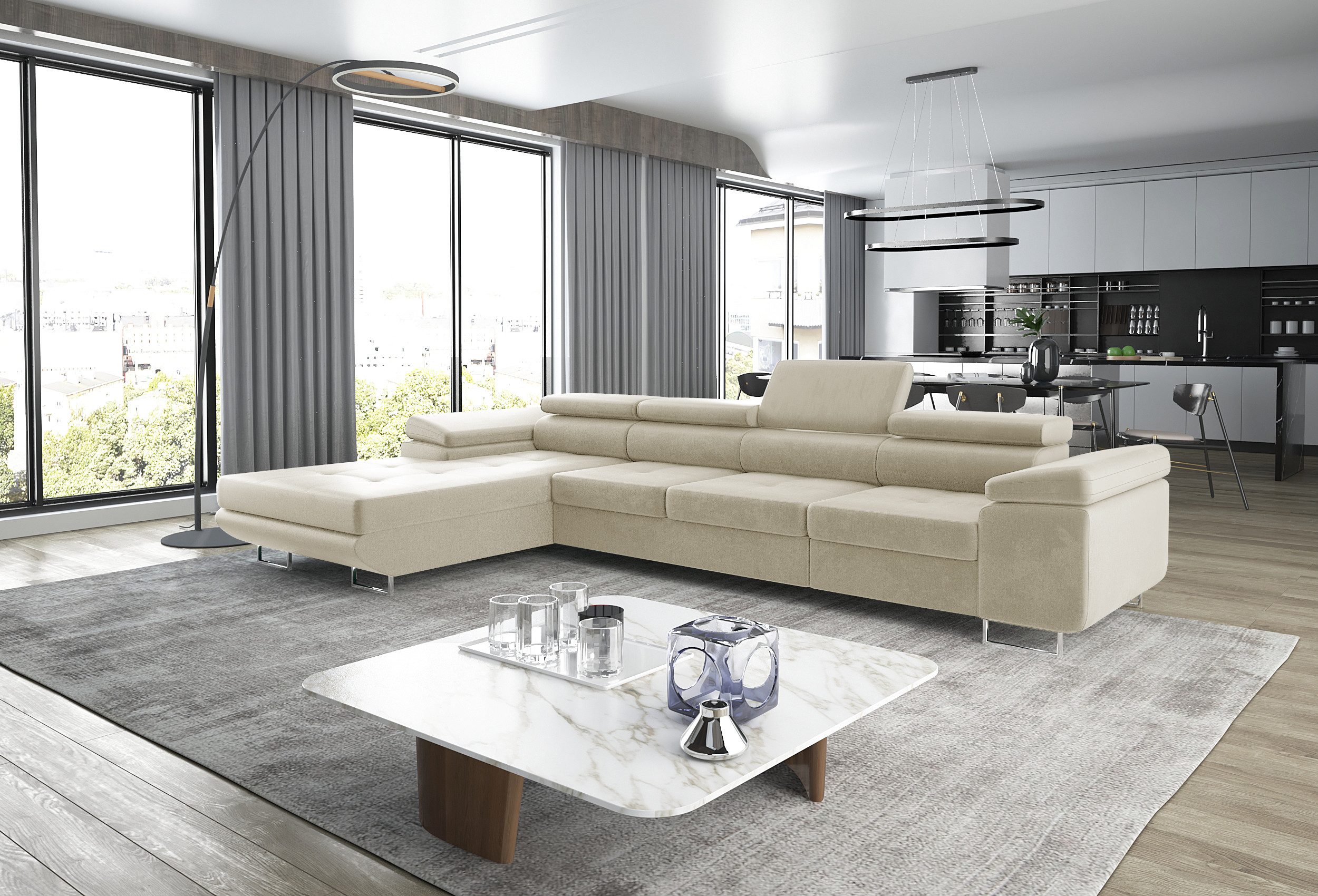 thematys Ecksofa ALVARO MAXI 355 x 204cm mit Schlaffunktion & Bettkasten –, L-Sofa mit 4 verstellbaren Kopfstützen, Samt (Monolotith), oder Cord (Poso) - L-Form, XL-Wohnlandschaft, 355 cm breit