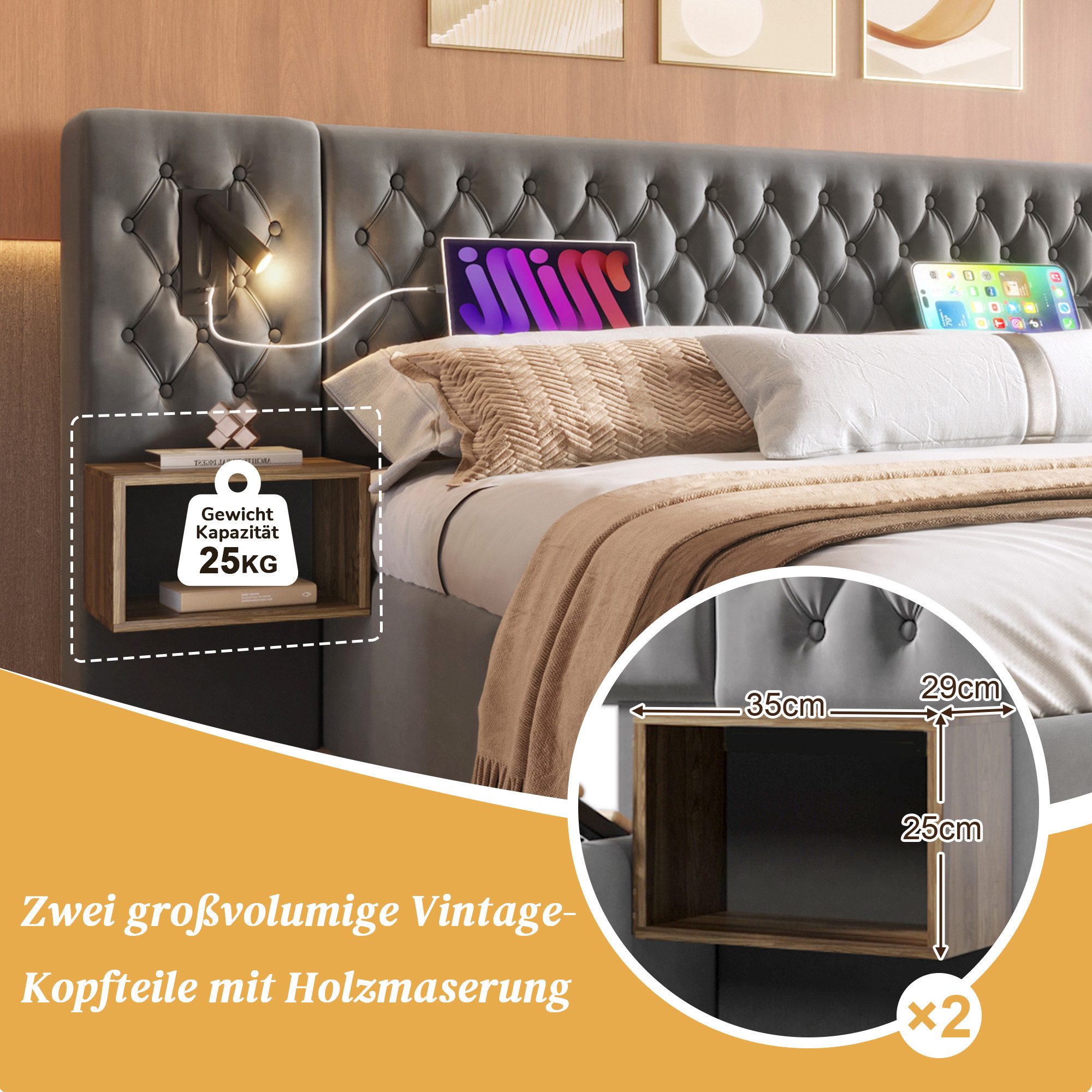 Luckice Polsterbett Doppelbett 180×200cm mit 2 Nachttischen und 4 Schubladen (Bettanlage Schlafzimmer Komplett Set, Kopfteil Leselicht mit USB Ladefunktion), Grau, Samt (Ohne Matratze)