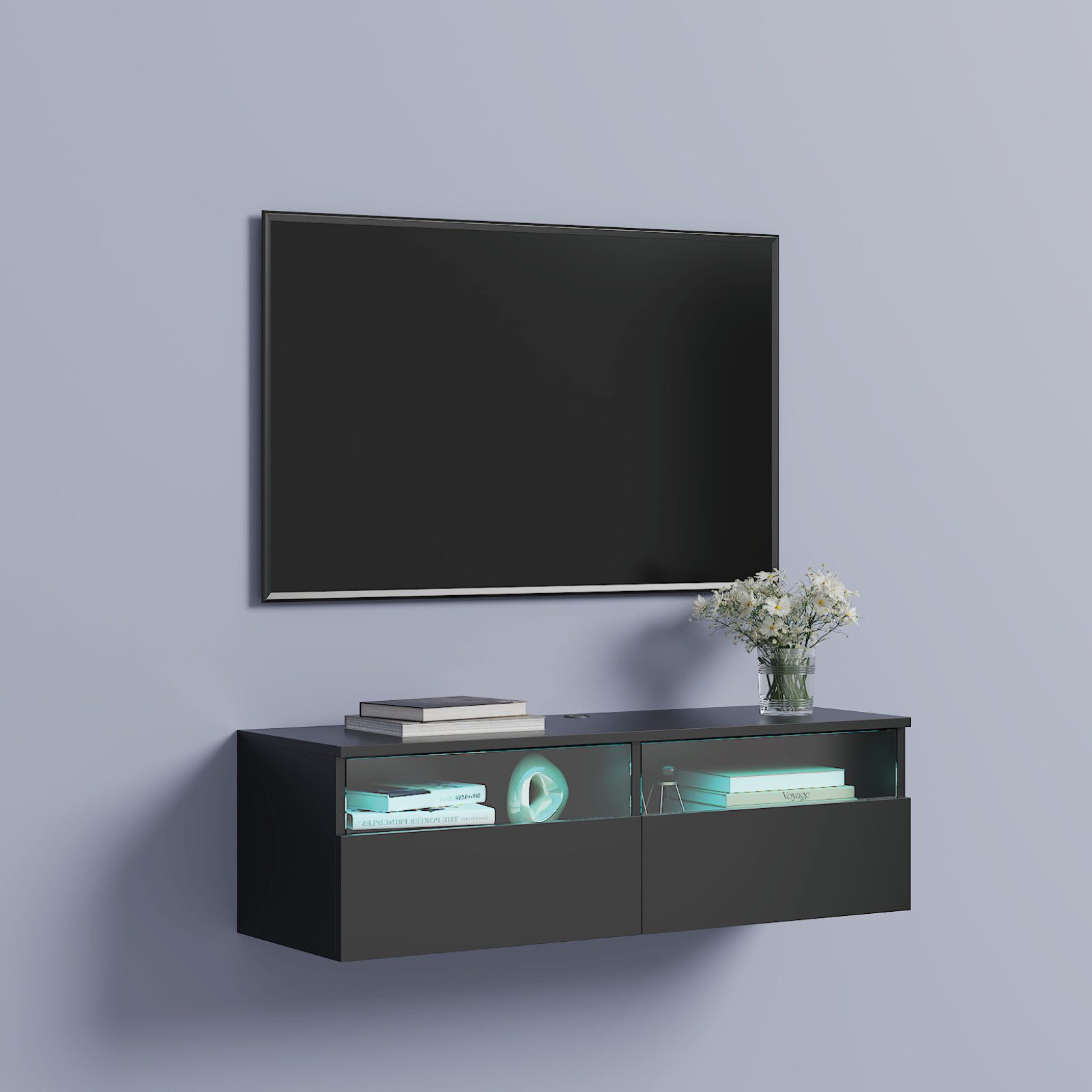 radelldar Lowboard mit LED-Beleuchtung, TV-Schrank, hängend (1 St), 100 cm breit, griffloses TV-Board, 2 Schubladen mit Acryl