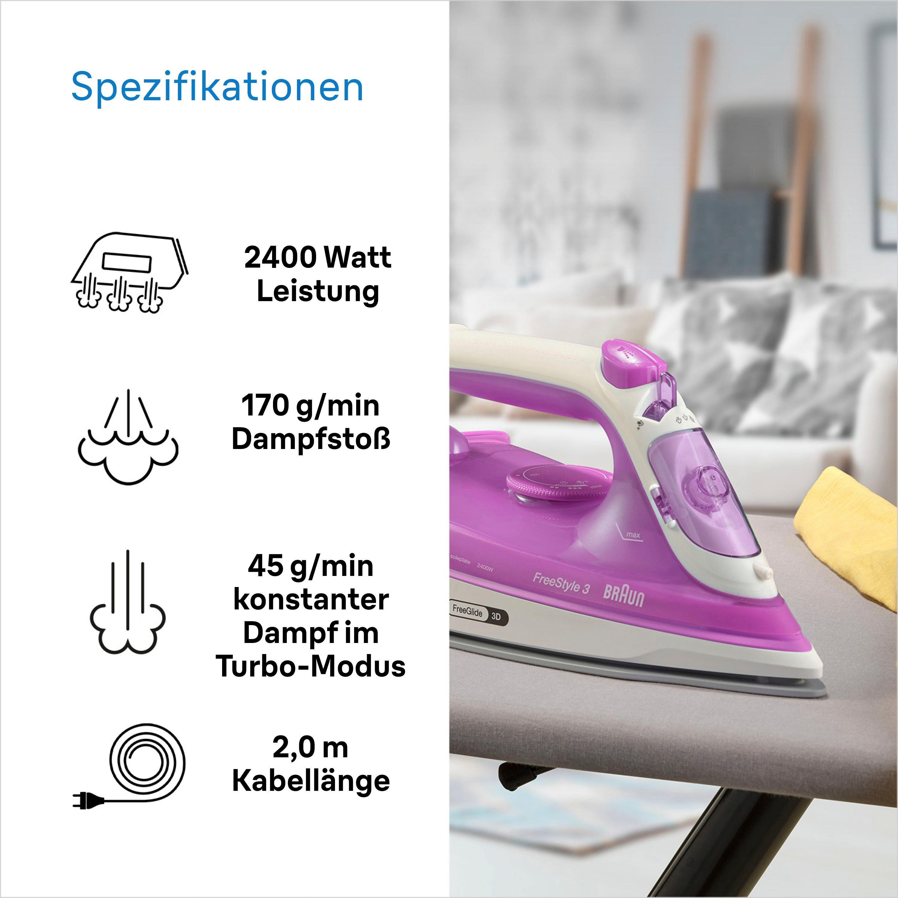 Braun Dampfbügeleisen FreeStyle 3 FI 3124 PU - 2.400 W, 170 g Dampfstoß, 270 ml Wassertank, 2400 W, 45 g Dampfmenge, SuperCeramic Bügelsohle, 35 Sek. Aufheizzeit