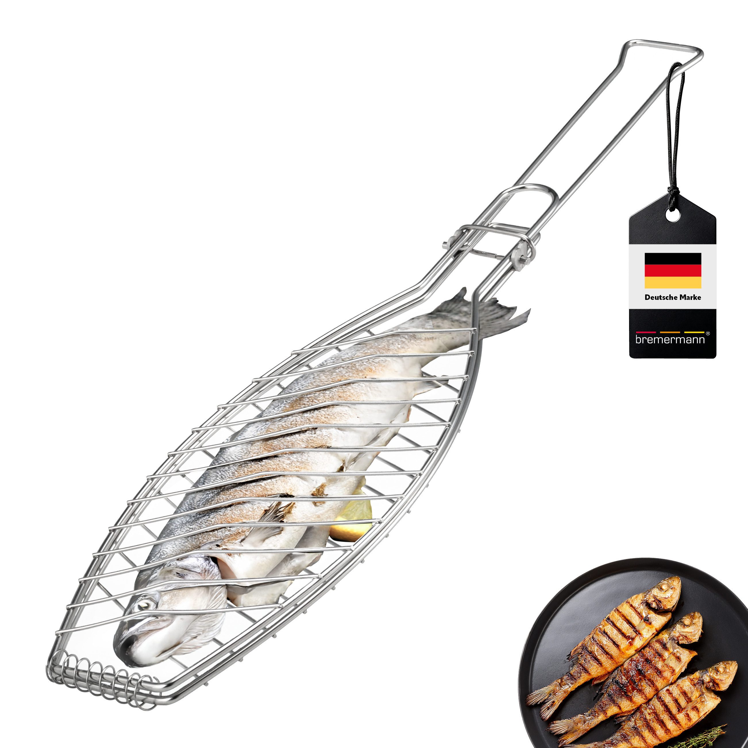Grillguthalter Fischgriller, klappbarer Griff, Edelstahl, ca. 56,7 x 12,8 cm