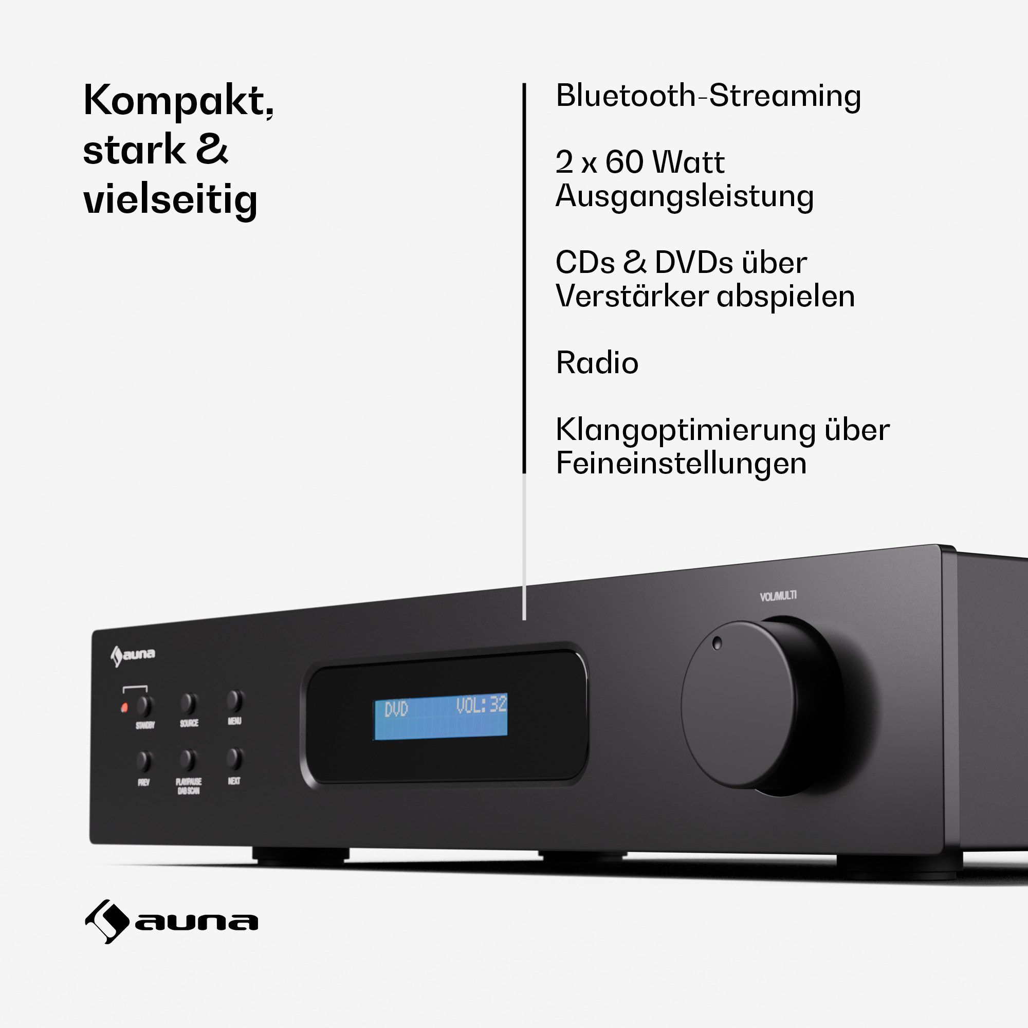Auna auna Art22 Amplifier DAB+ 2x100W BT black Audioverstärker (Anzahl Kanäle: 4-Kanal, DAB+ Bluetooth HiFi-Verstärker 120 W FM CD DVD Fernbedienung)