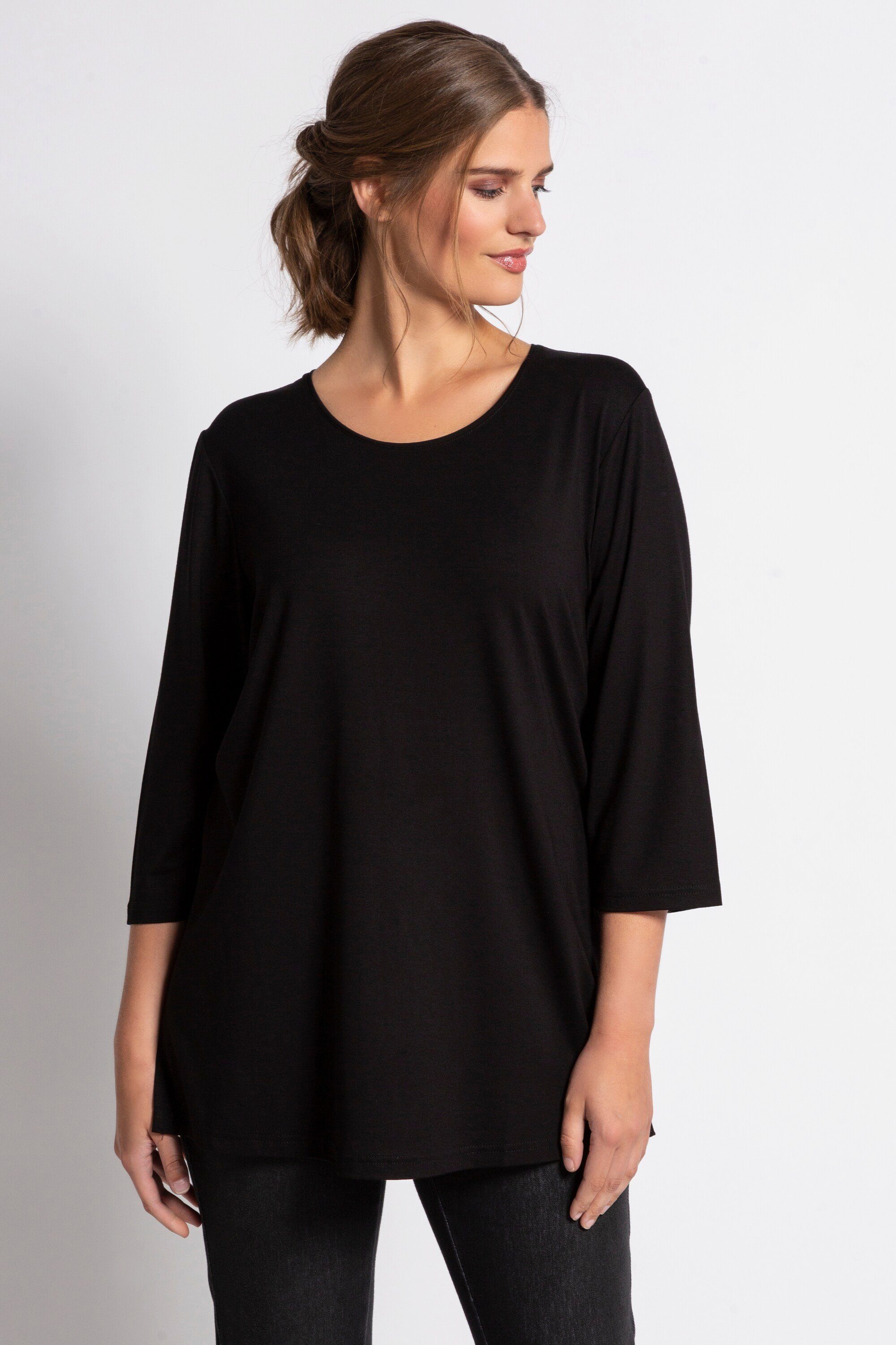 Ulla Popken Rundhalsshirt Shirt länger geschnitten 3/4-Arm selection schwarz