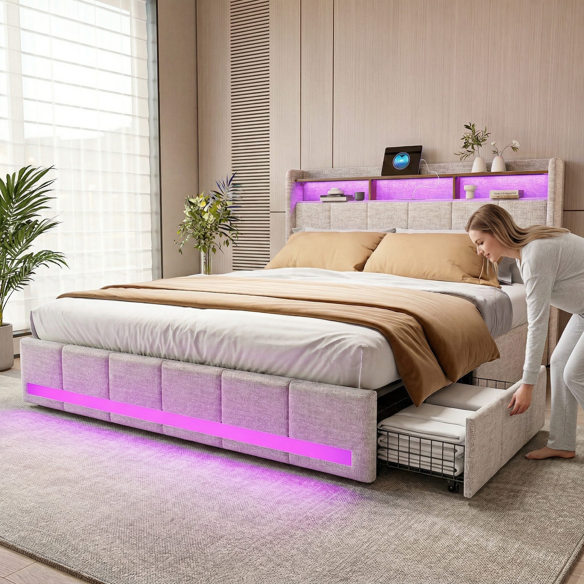 PXloue Funktionsbett Polsterbett Doppelbett, mit USB-Laden und Stauraum am Kopfteil,Leinen,140x200 cm