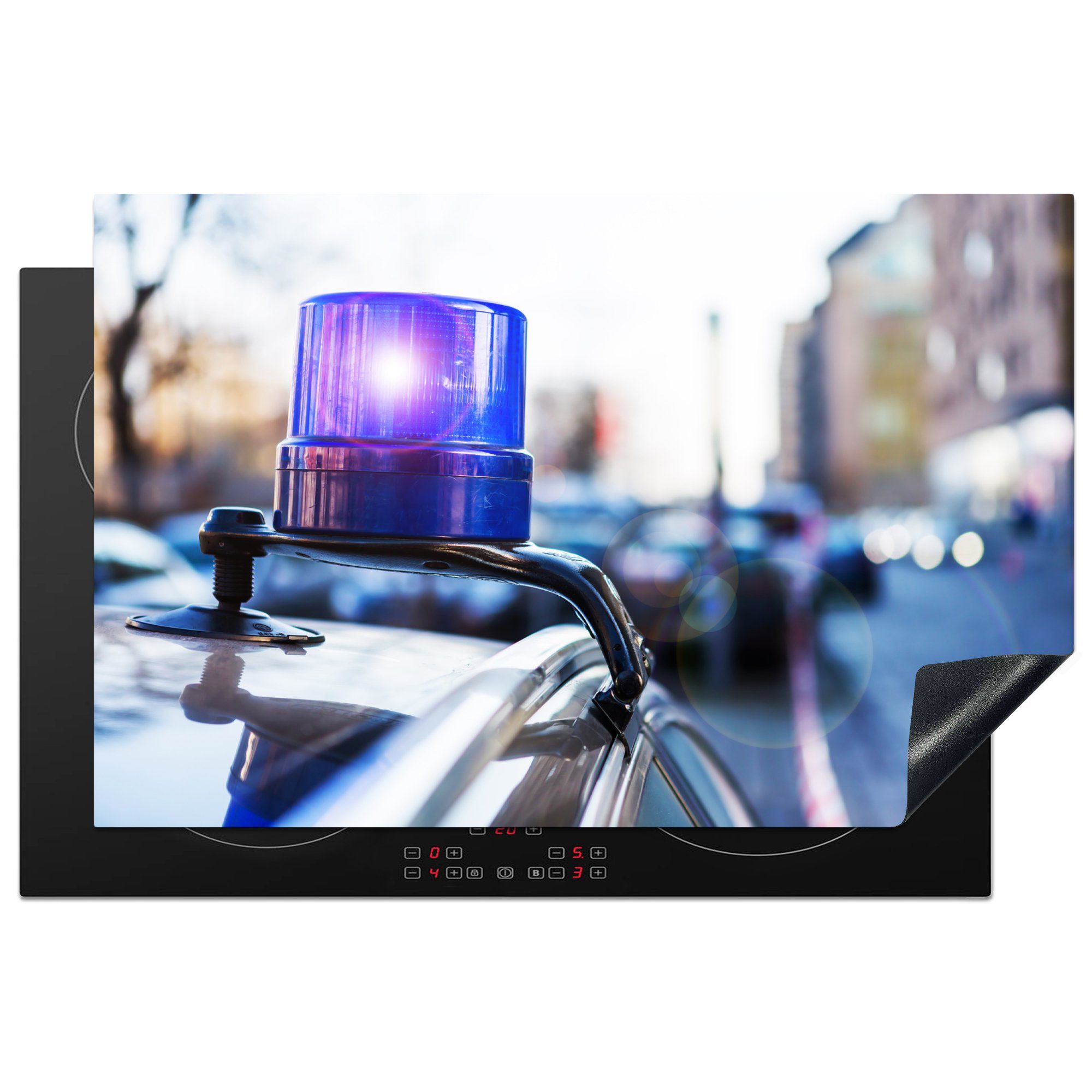 MuchoWow Herdblende-/Abdeckplatte Blinkendes Licht eines Polizeiautos auf ein ziviles Auto, Vinyl, (1 tlg), 81x52 cm, Induktionskochfeld Schutz für die küche, Ceranfeldabdeckung