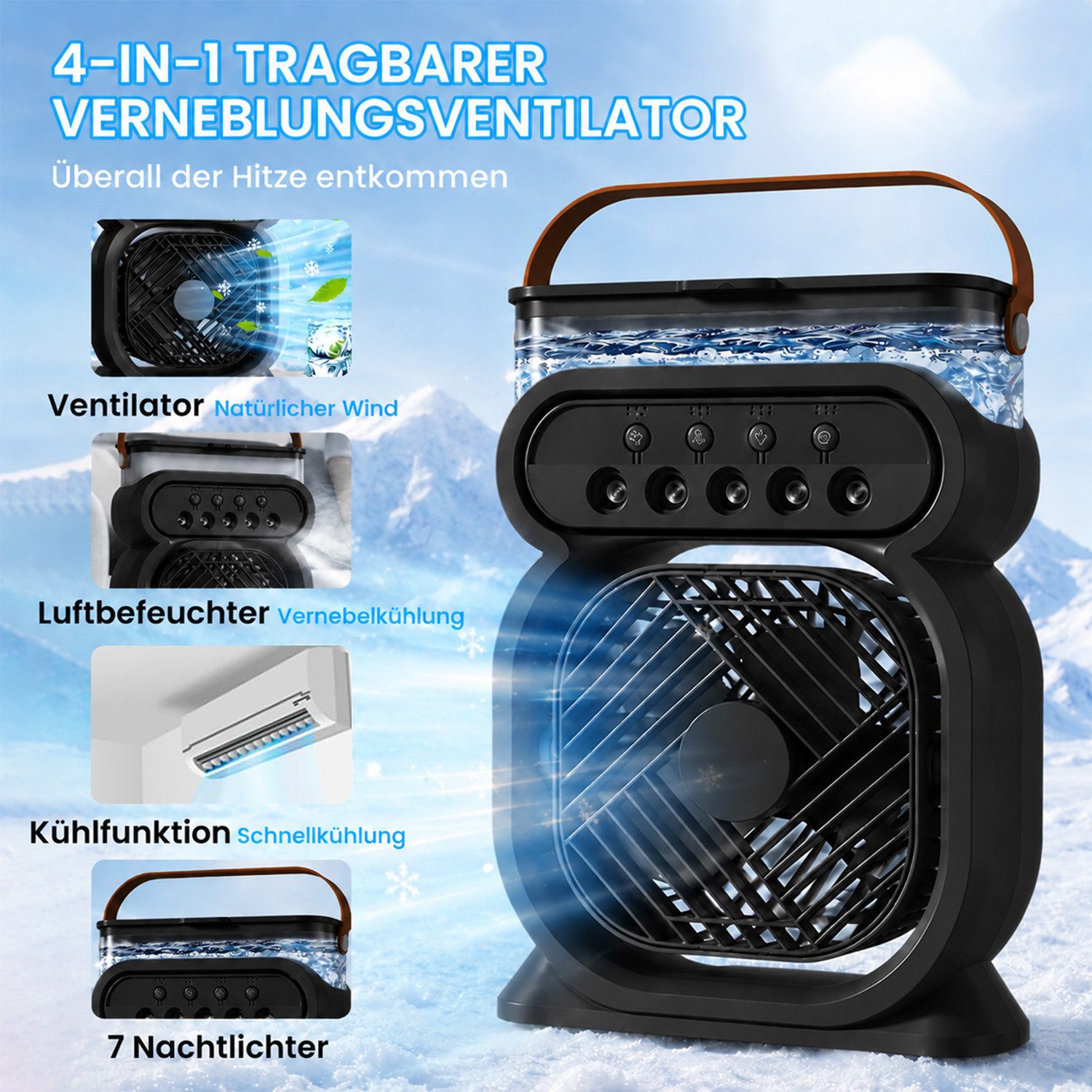 MOPUEA Ventilatorkombigerät 4-in-1 Mobiler Luftkühler mit Sprühnebel 3 Stufen & 7 Farben Licht, 5-fach-Sprühnebel, 3 Windstufen, Timer und leiser Betrieb unter 35 dB.