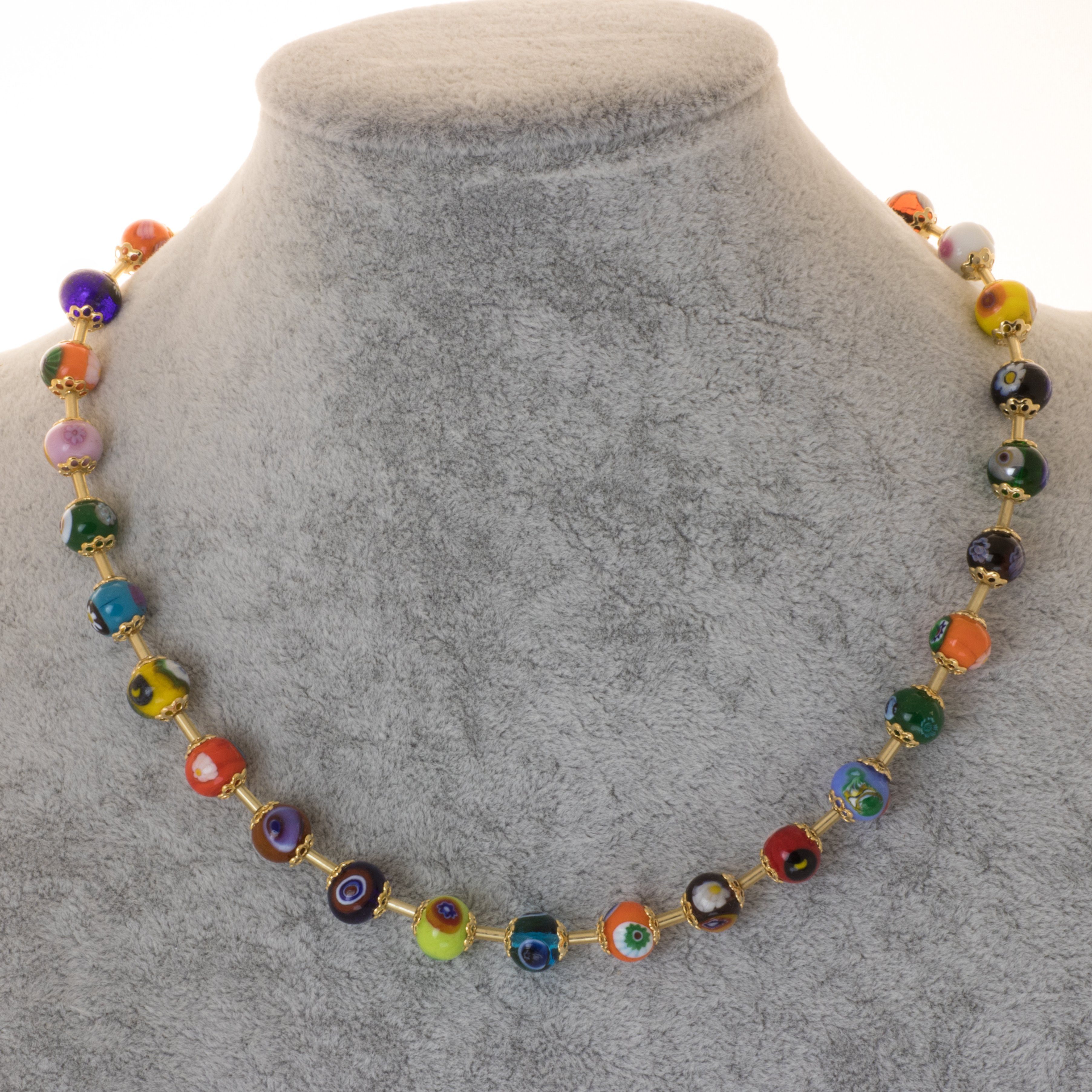 Perlenkette Kette mit Millefiori Murano Glas bunt, 8 mm Perlen 45 cm