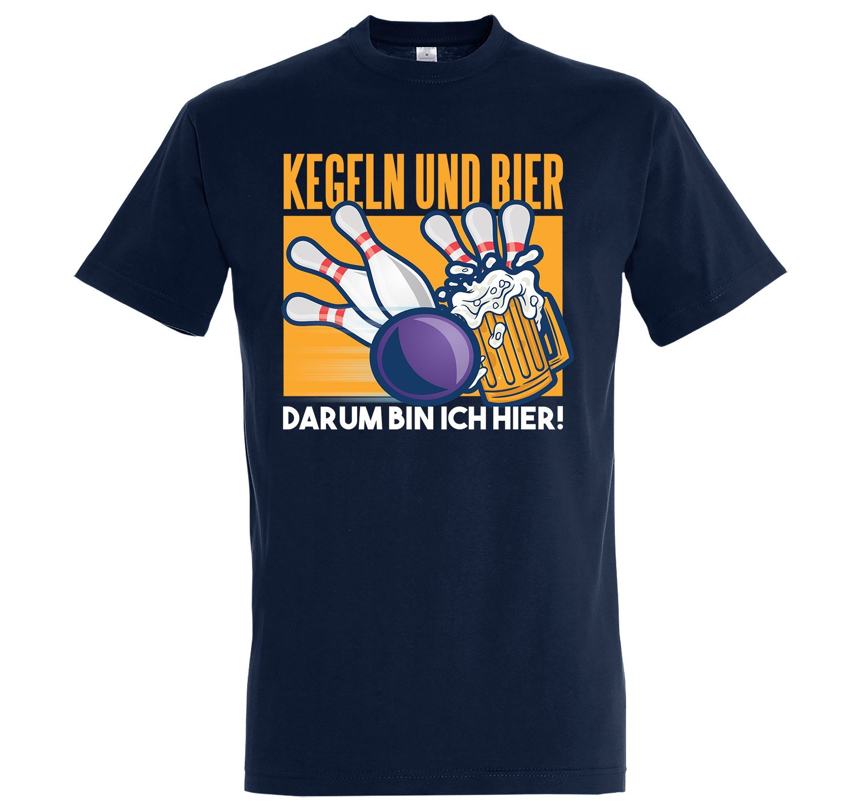Youth Designz T-Shirt "Kegeln Und Ich Hier" T-Shirt Darum Herren Frontprint Bier, lustigem mit Bin Navyblau