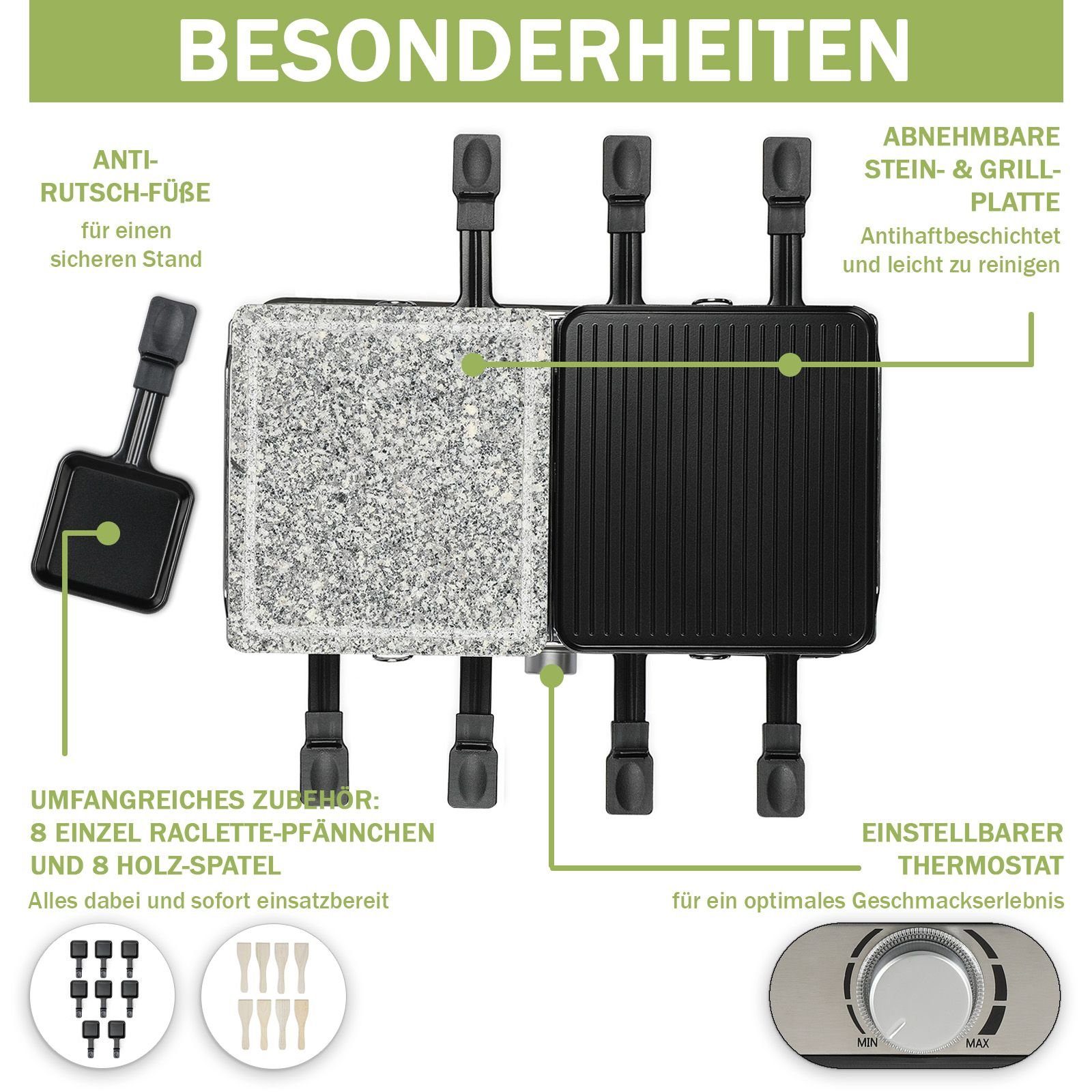 bmf-versand Raclette Raclette 8 Umfangreiches Tischgrill Stein Antihaftbeschichtung, Thermostat, Einstellbarer Heißer 8 Elektrogrill Personen W, Thermostat, Raclettepfännchen, Zubehör 1400,00