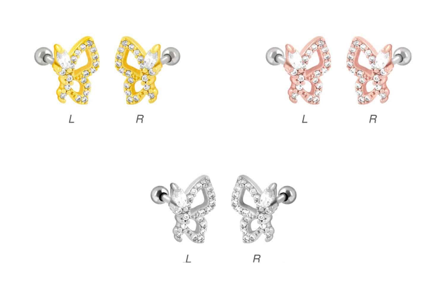 PIERCINGLINE Piercing-Set Chirurgenstahl Ohrpiercing mit Brass-Design SCHMETTERLING + KRISTALLE (Mini-Barbells, 1-tlg)