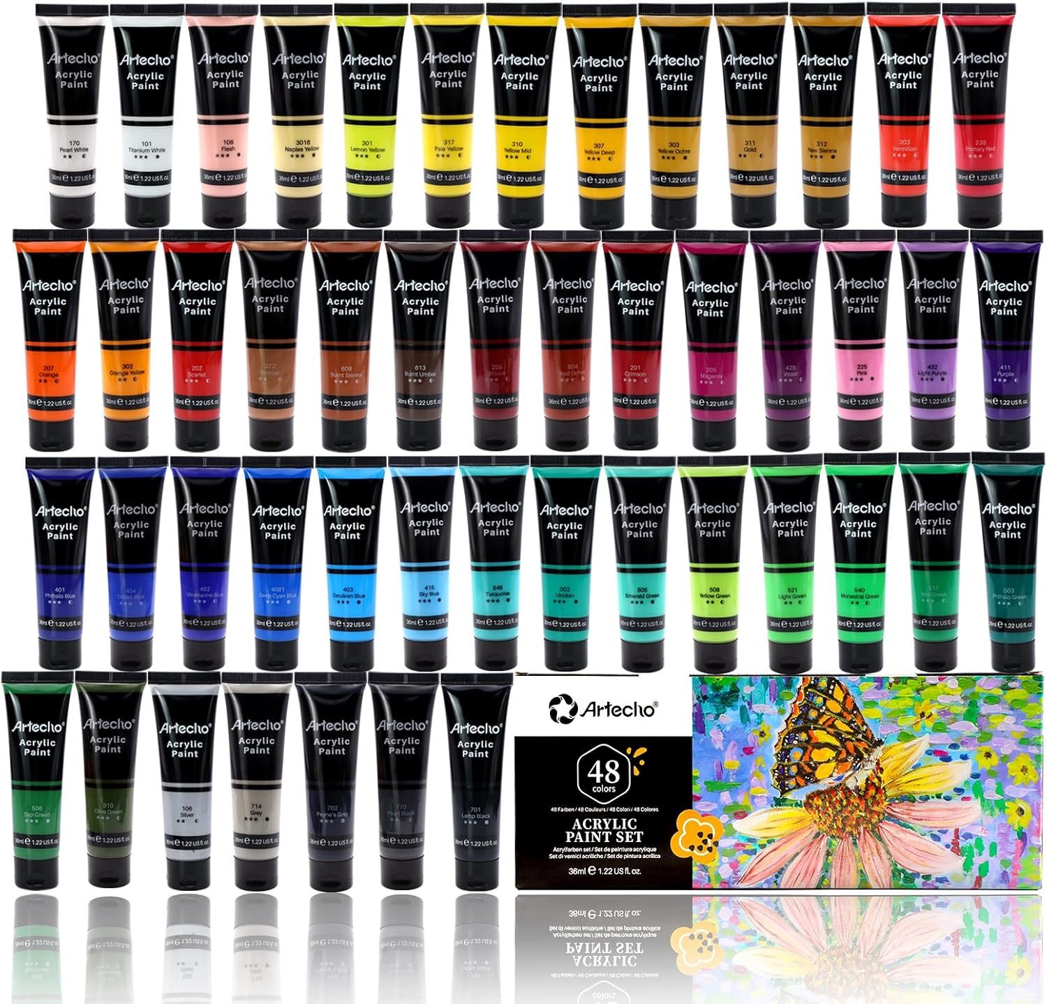 Artecho Acrylfarbe Set 18 / 24 / 48 Farben, je 36ml Tuben – wasserfest & schnelltrocknend, für Papier, Ton, Holz, Steine – zum Reisen, Malen & Freude verschenken