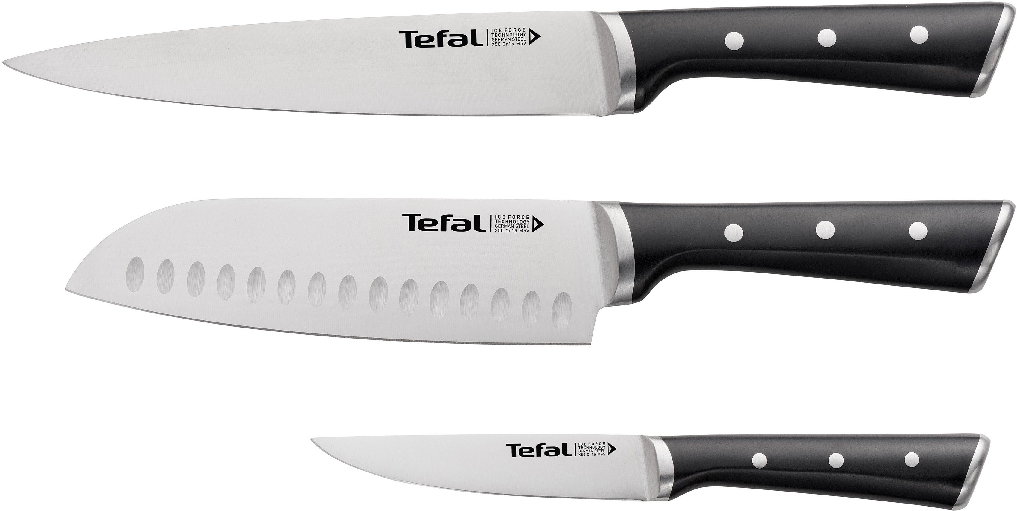 Tefal Messer-Set K232S374 Ice Force (Set, 3-tlg., Fleischmesser 20 cm, Santokumesser 18 cm, Universalmesser 11 cm), Edelstahl, lang anhaltende Schneidleistung und Schärfe