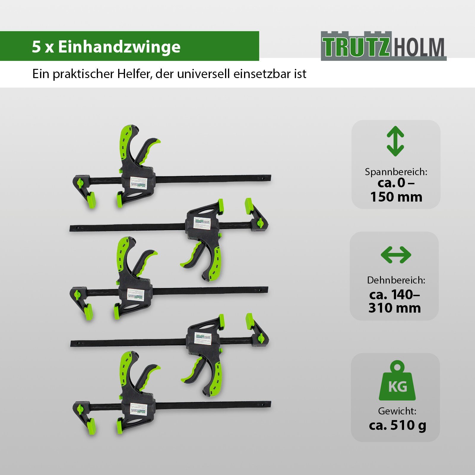 TRUTZHOLM Schraubzwinge 5x Einhandzwinge 60x150 mm Schnellspannzwinge Schraubzwinge Spanner, (Set)