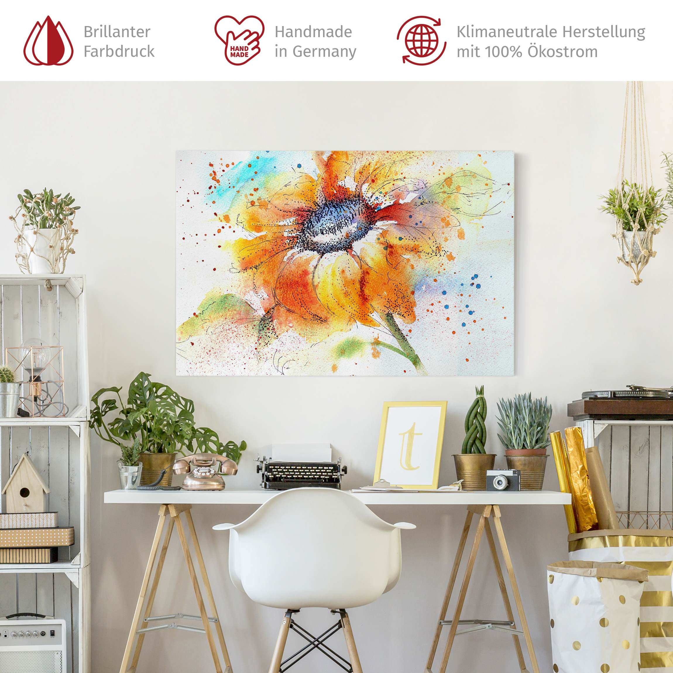 Bilderdepot24 Leinwandbild Blumen Natur Modern Aquarell Sonnenblume orange Bild auf Leinwand XXL, Blumen & Florales, Wohnzimmer Schlafzimmer Küche Flur Wandbild Kunstdruck Wanddeko Druck