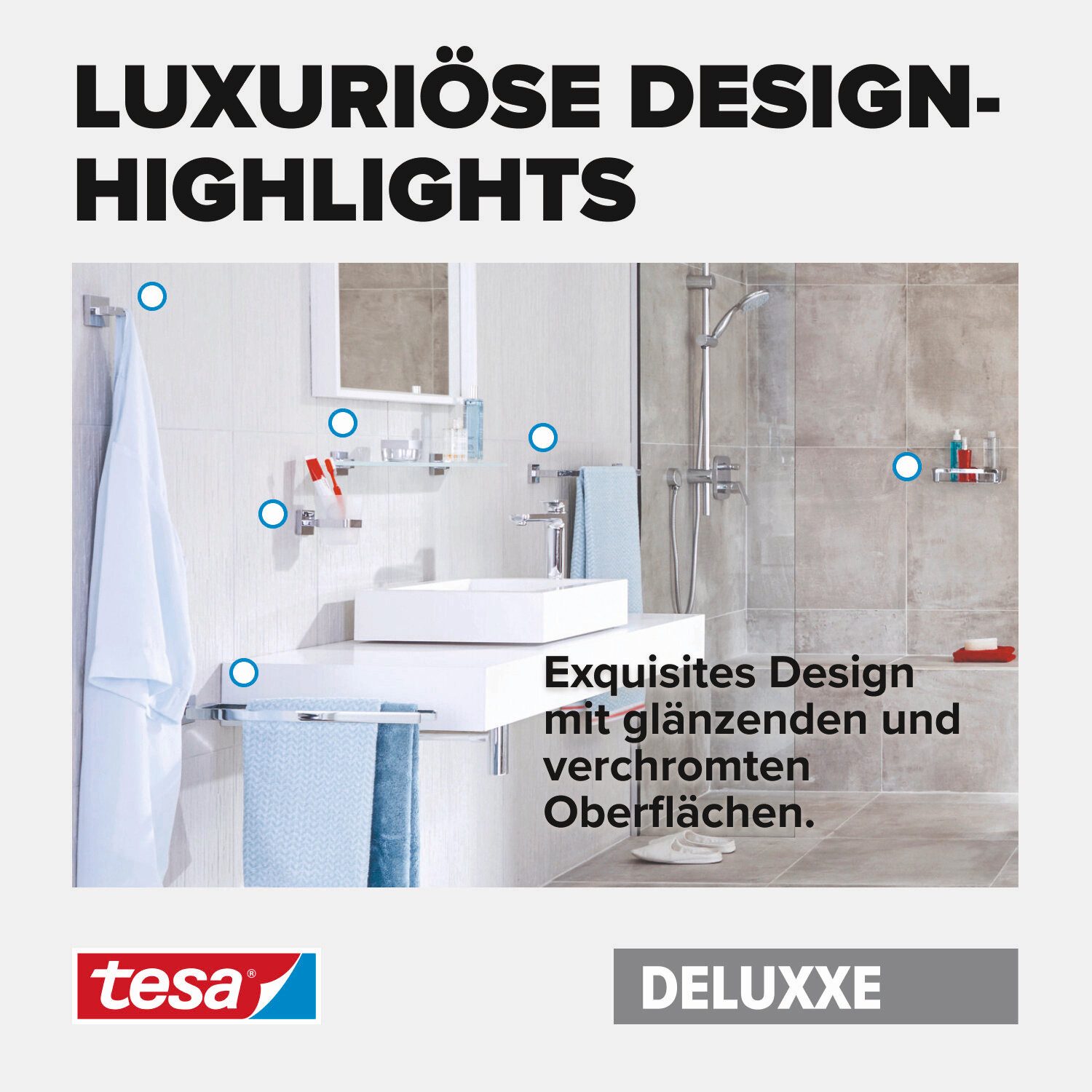 tesa Badaccessoire-Set DELUXXE Toilettenbürsten Set ohne Bohren, Spar-Set, 3 tlg., selbstklebend - chrom - silber glänzend