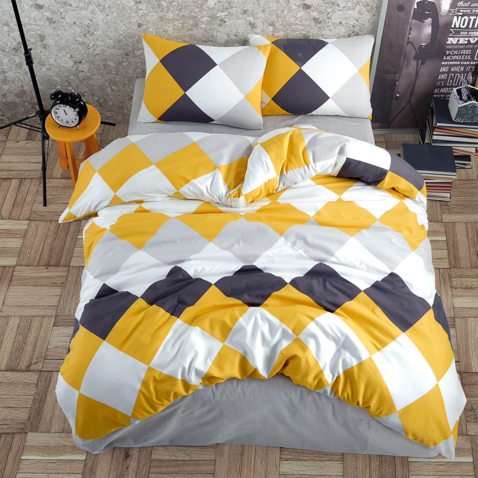 Buymax Bettwäsche Anaga, Bettgarnitur, Bettbezug Set, Renforce: 100% Baumwolle, 2 teilig, mit Reißverschluss, modern gemustert, Karo, Gelb, 135x200 cm