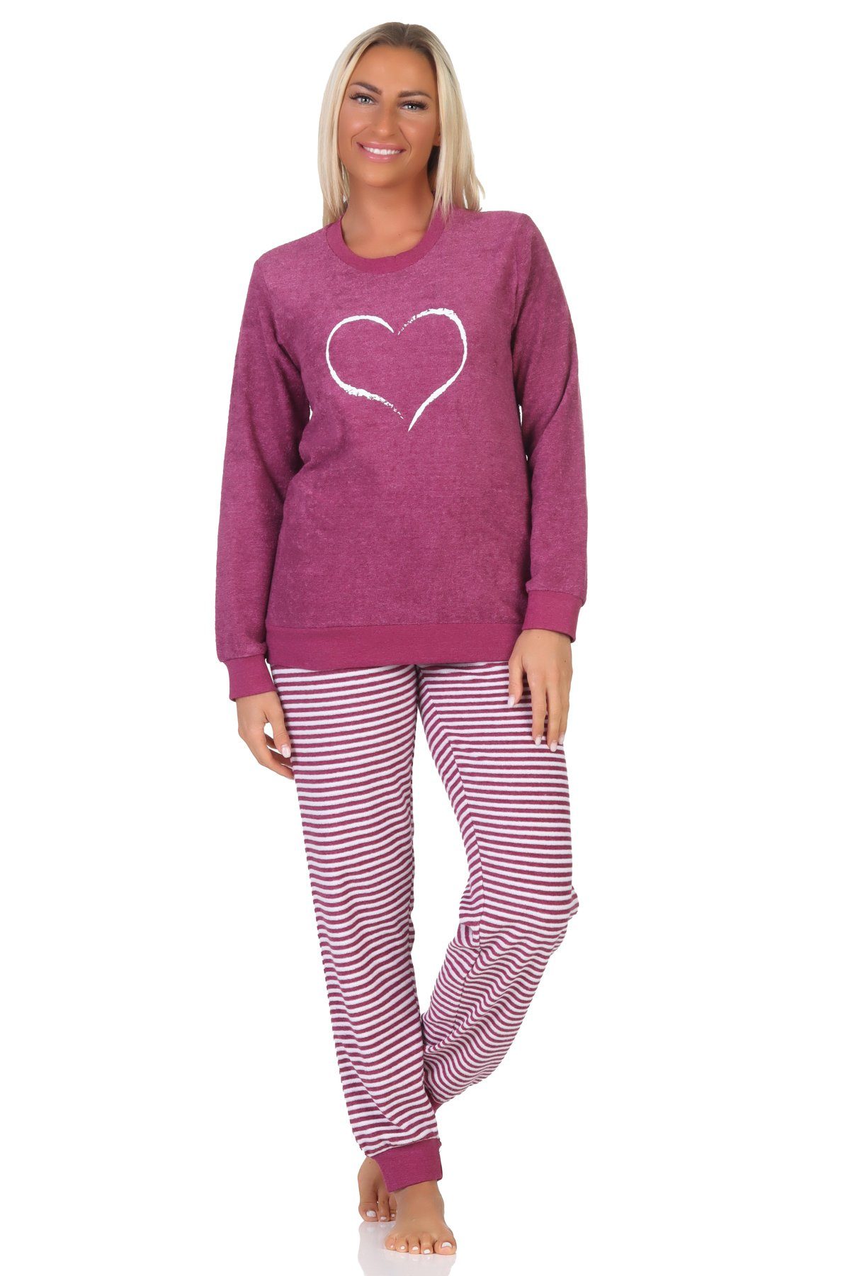 Normann Pyjama Normann Damen Frottee langarm Schlafanzug mit Bündchen - Herzmotiv rot1 | Pyjamas