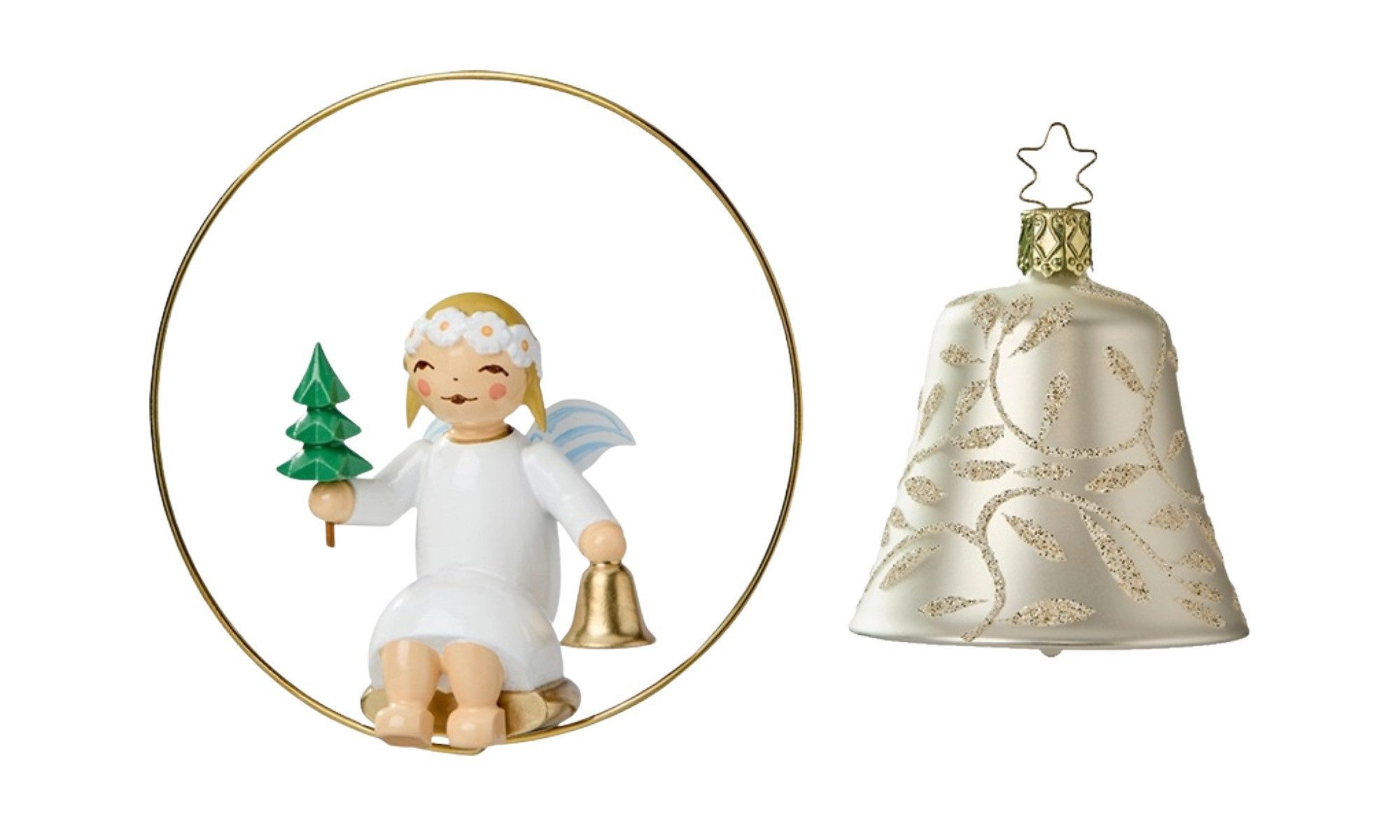 Wendt & Kühn Engelfigur Christbaumengel im Ring, mit Bäumchen und Glocke, Glasglocke silber (2 St), Original Erzgebirge