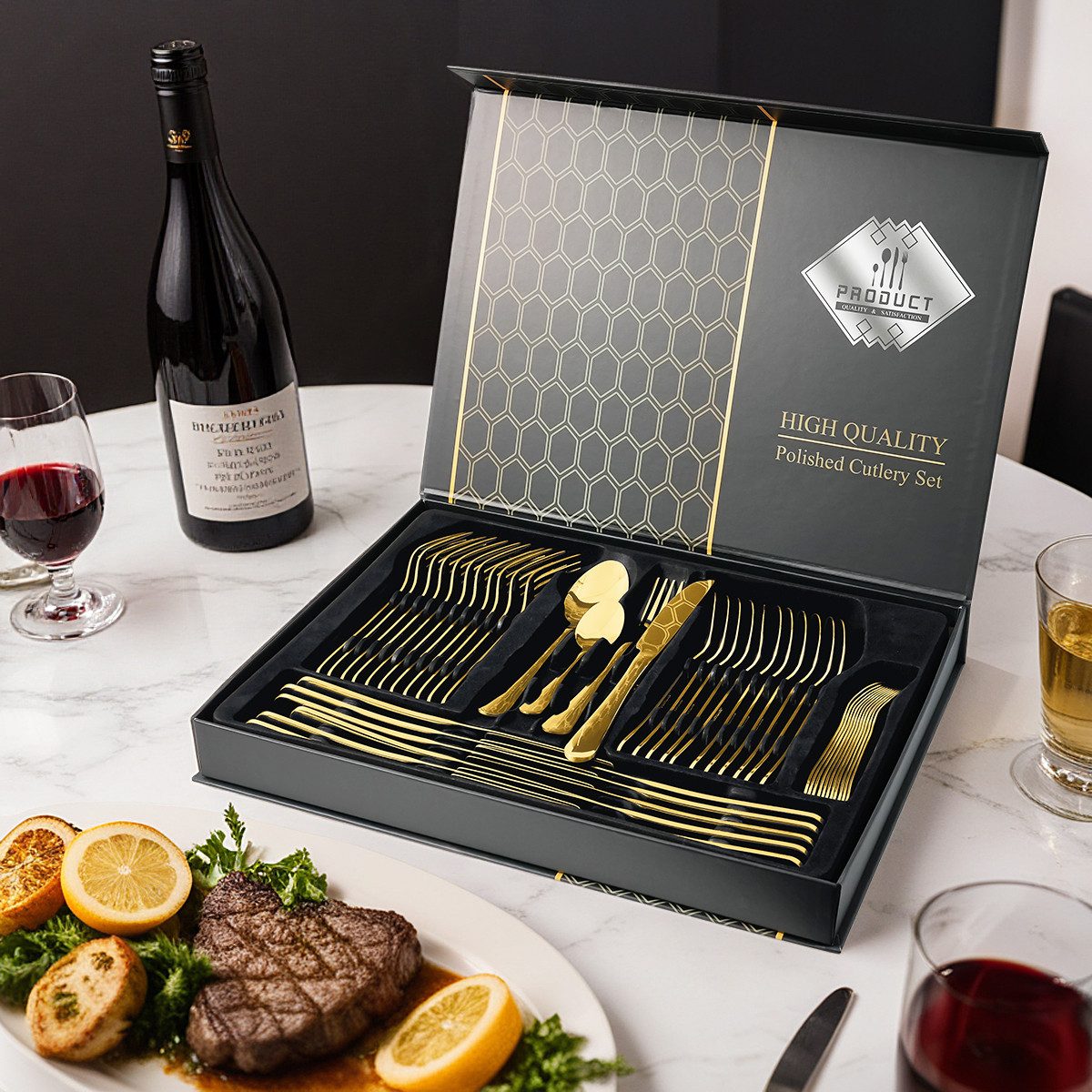 Simloveve Besteck-Set Besteckset für 12 Personen, 48 teilig Edelstahl Besteck set (48-tlg), 12 Personen, Edelstahl, Essbesteck mit Ножи Gabel Ложки, in Geschenkbox, Spülmaschinenfest