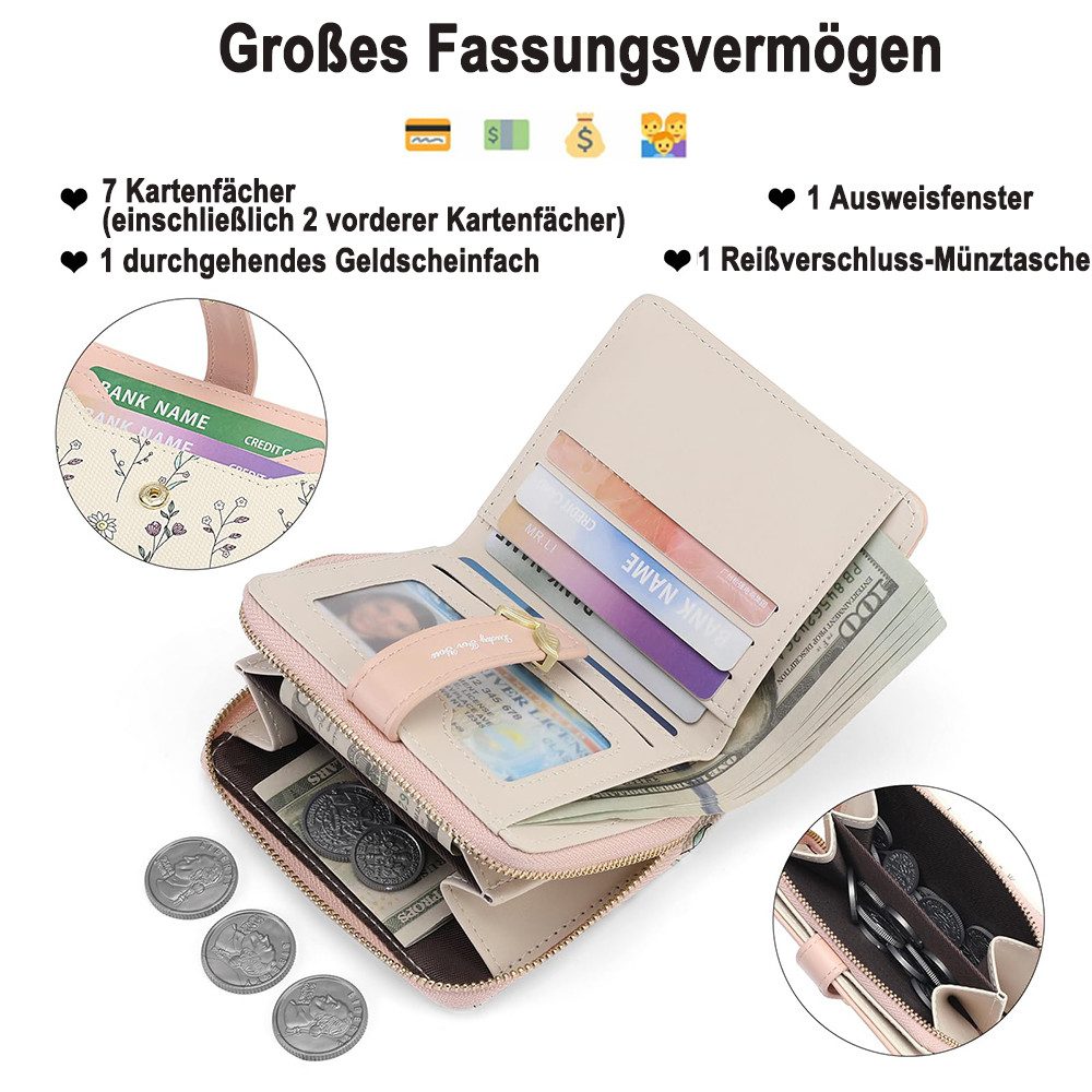 Zaewry Geldbörse Kleine Damen Geldbörse,modisch, niedlicher Margeriten-Aufdruck, Leder, Bifold, kompakt, RFID-geschützt, mit Reißverschlusstasche