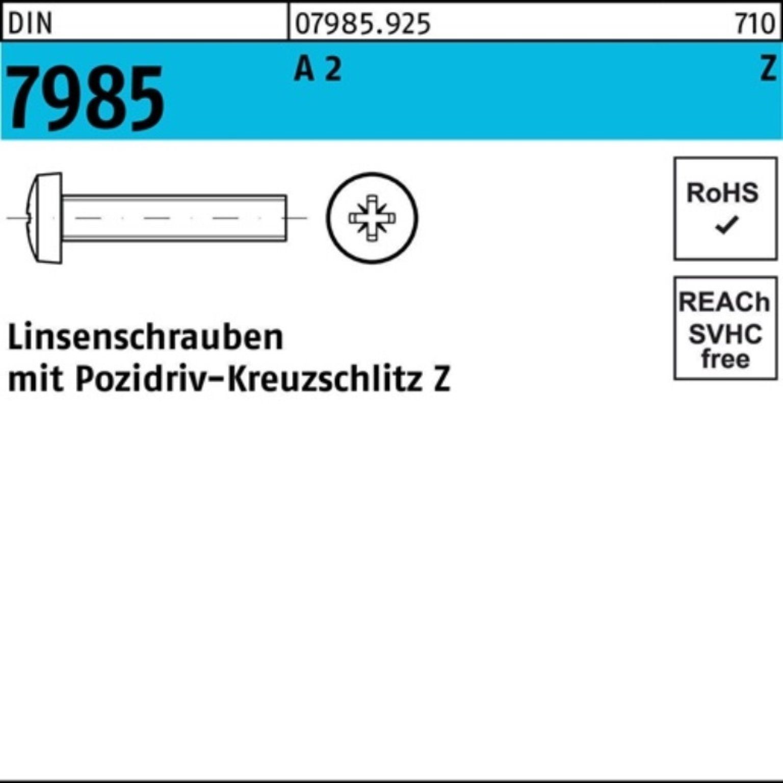 A DIN Linsenschraube Pack PZ 2 1000 1000er Linsenschraube DIN 7985 M2,5x Reyher 10-Z Stück