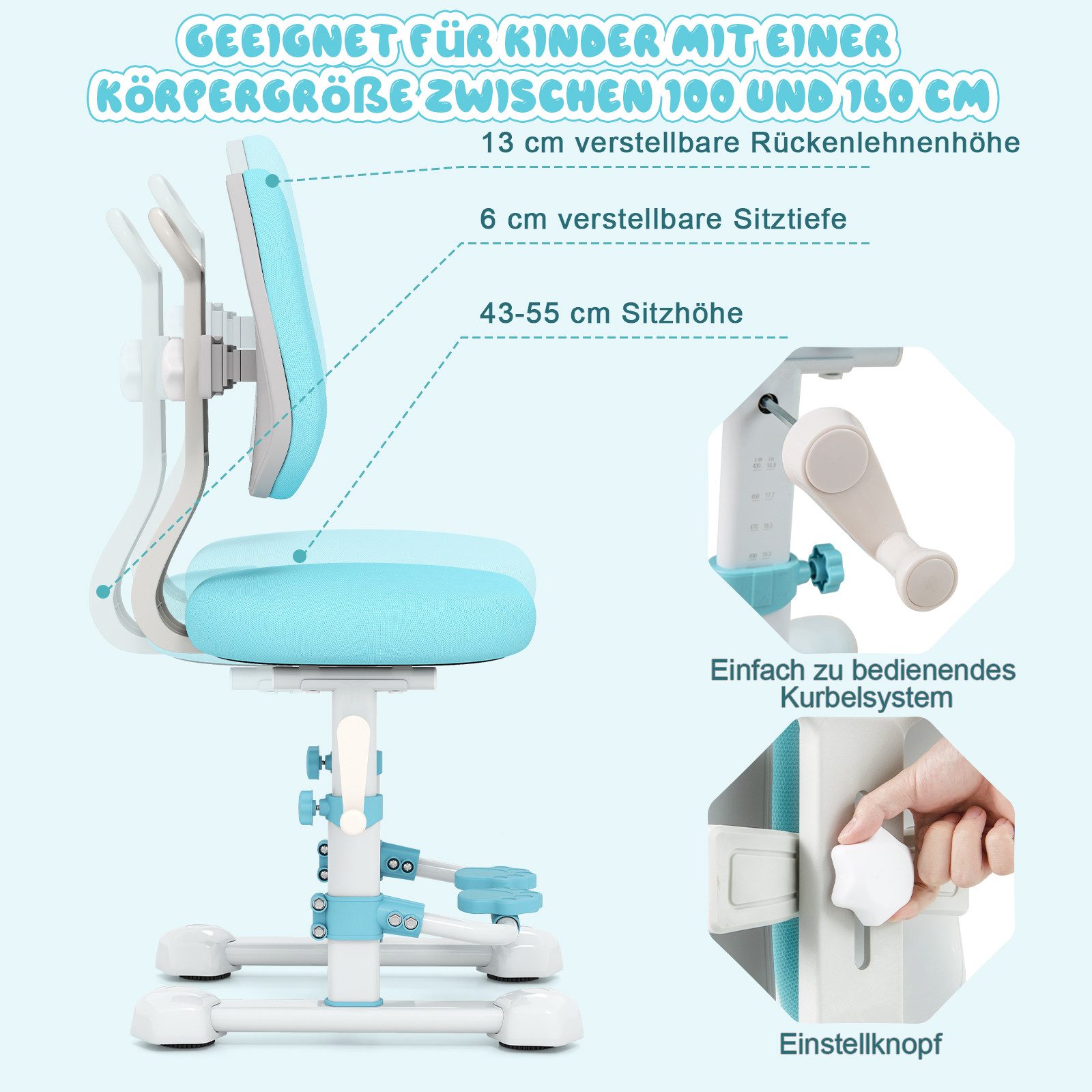 COSTWAY Kinderstuhl, mit verstellbarer Doppelrückenlehne, höhenverstellbar günstig online kaufen