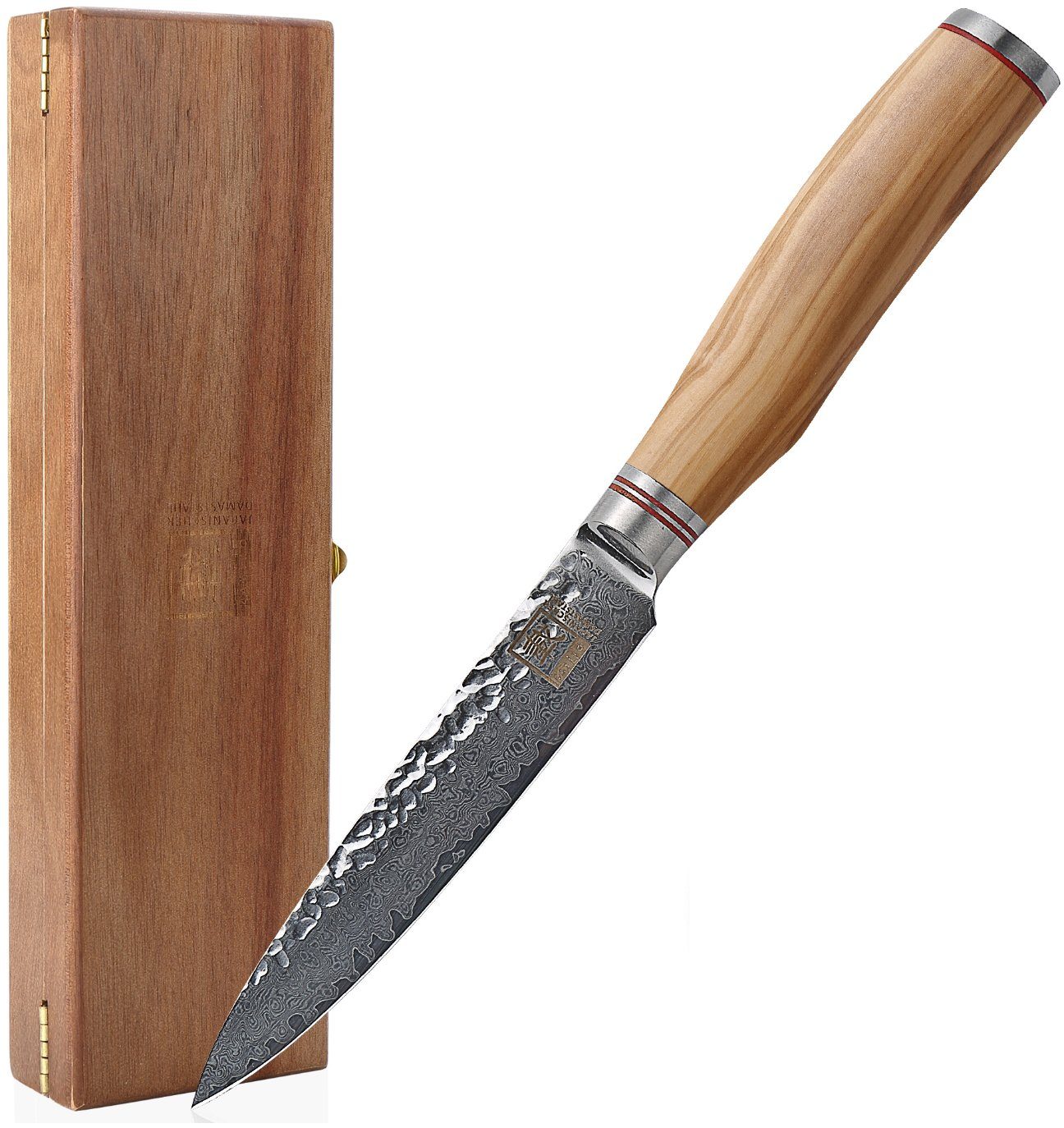 Zayiko BlackMagma Damastmesser 14 Cm – Allzweckmesser Aus Damaststahl Mit Kupfer-Bronze-Einlage & Ahornholzgriff, In Geschenkbox