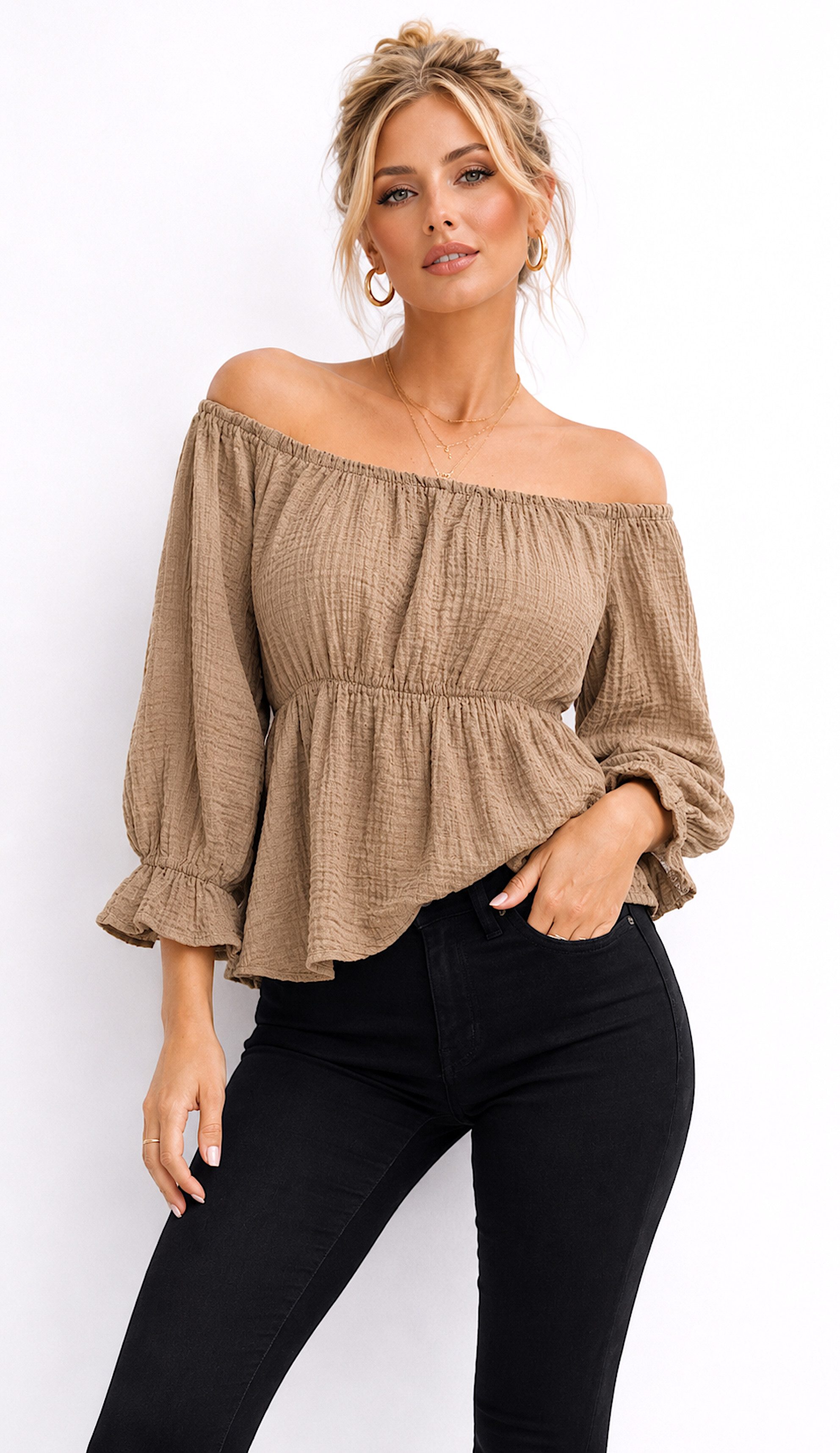 Chiffonbluse Worldclassca Musselin Off Shoulder Bluse Chiffon Sommer Top Shirt 3/4