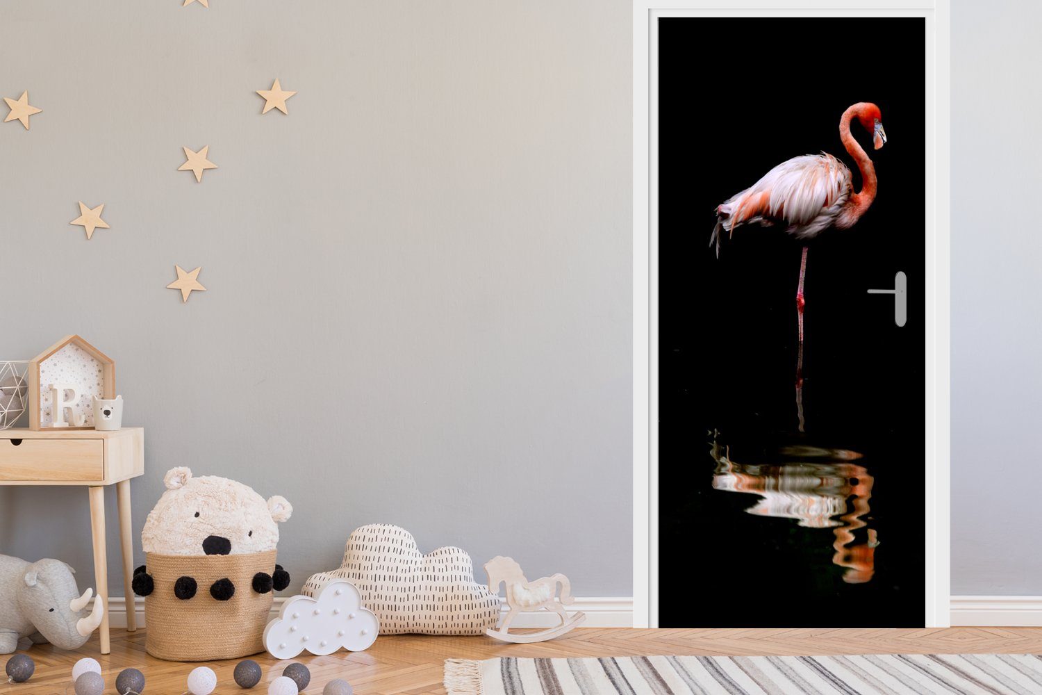 Matt, Zwei St), Fototapete stehen Türtapete im Tür, Wasser, Flamingos (1 für MuchoWow cm bedruckt, Türaufkleber, 75x205
