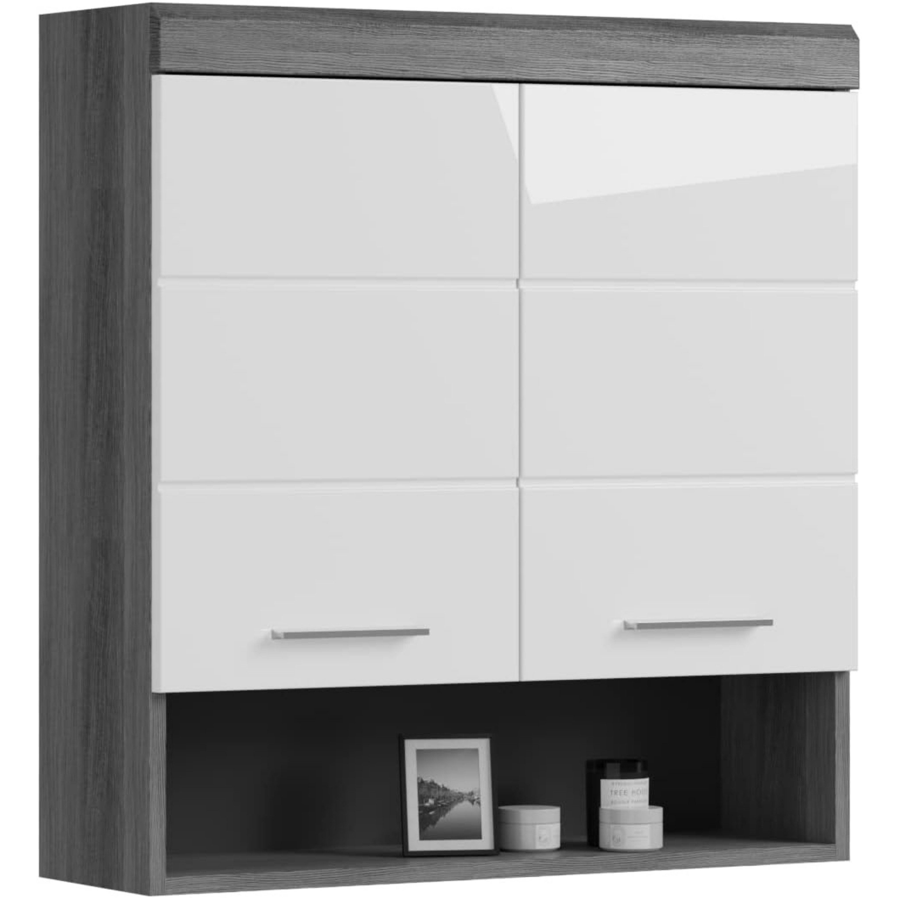 furnling Hängeschrank Scott 2 Türen, 1 offenes Fach, Stauraum, Badmöbel, Badschrank, 74 cm breit