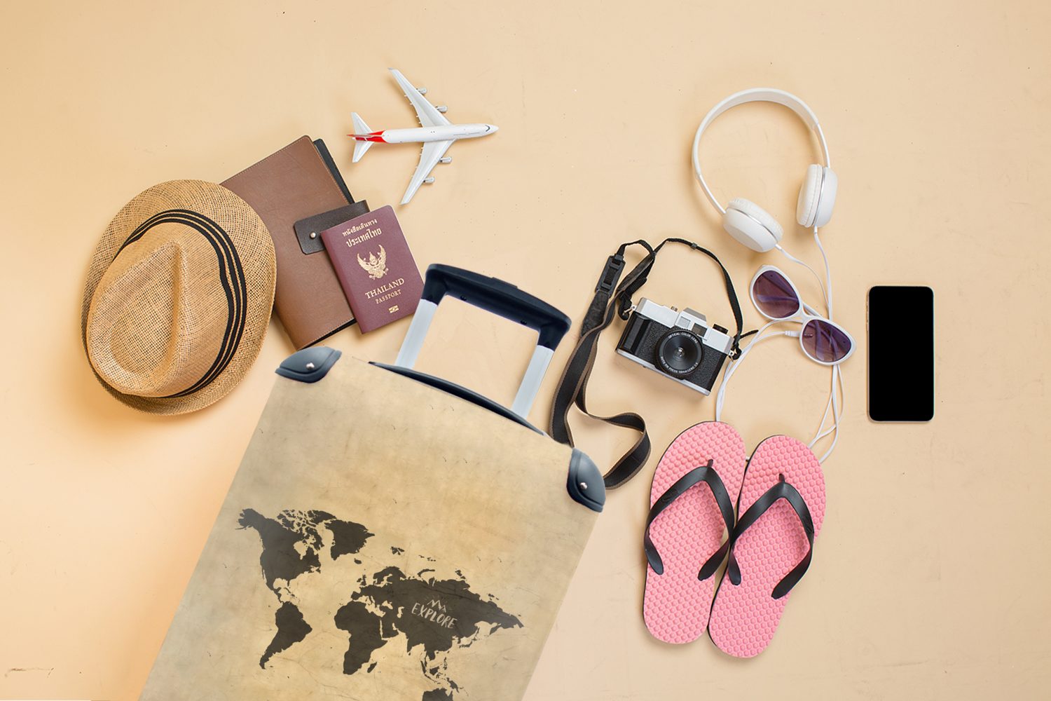 Handgepäckkoffer Reisekoffer rollen, für Beige Rollen, Ferien, Trolley, Weltkarte Reisetasche - Reisen, - MuchoWow mit 4 Handgepäck