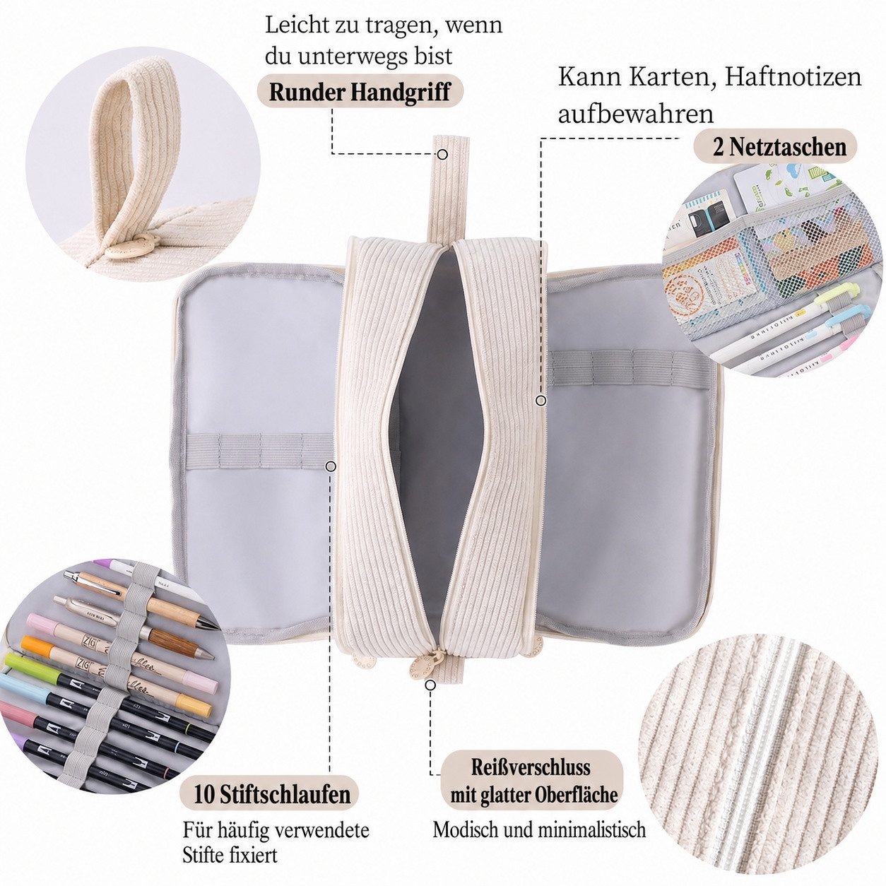 Diwzbyn Federmäppchen aus Cord-Stoff Federtaschen Mäppchen mit 3 Fächer Schulmäppchen, Große Kapazität Stiftetasche Pencil Case für Schule & Büro – Bild 4 von 5