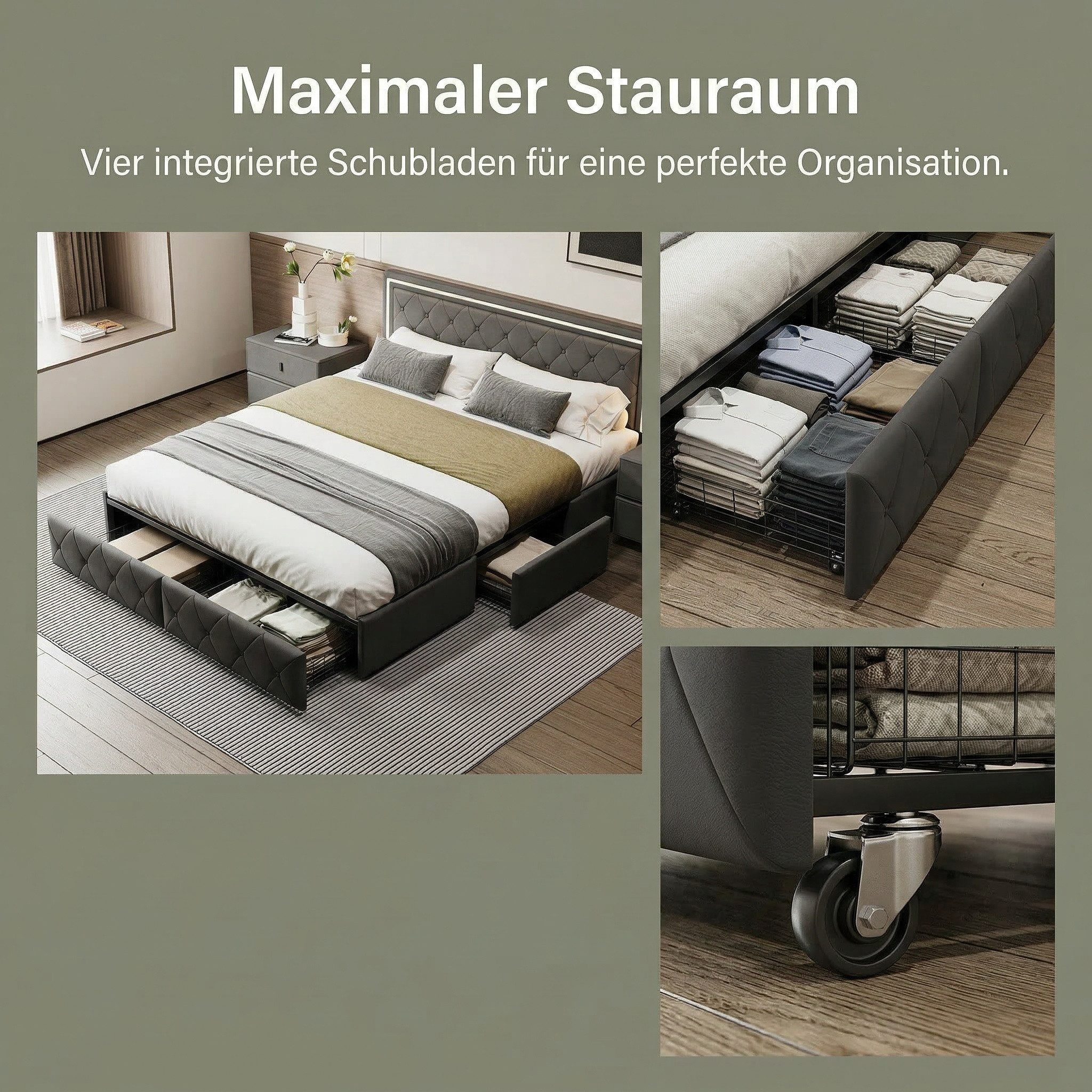 PXloue Polsterbett LED Doppelbett Stauraumbett (1 tlg., Kopfteil hochstellbar), mit 3 Schublade, LED-Beleuchtung, Gepolsterte Rückenlehne, 140x200cm