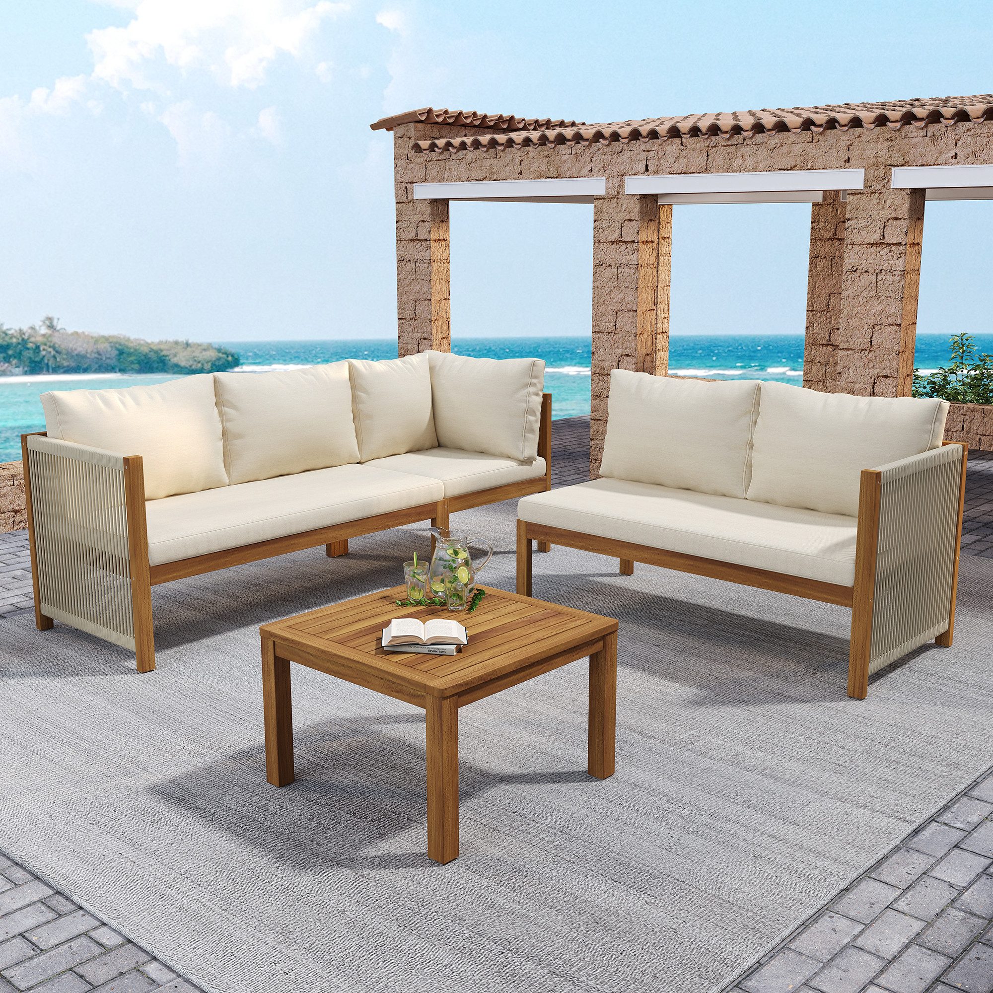 Merax Gartenlounge-Set aus Akazienholz und geflochtenen Seilen, (4-tlg., Sitzgruppe Gartengarnitur Balkonmöbel), 5-Sitzer Gartenmöbel-Set mit 2 2-Sitzer-Sofa, Ecksofa & Couchtisch