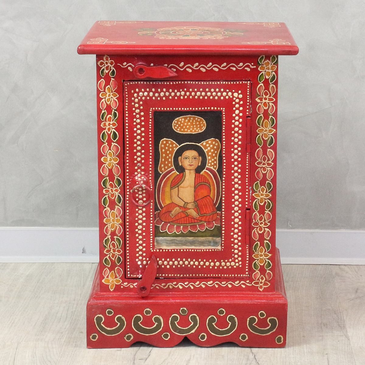 Oriental Galerie Mehrzweckschrank Kleiner Tibet Wandschrank Buddha Motiv Dunkelrot 45 cm