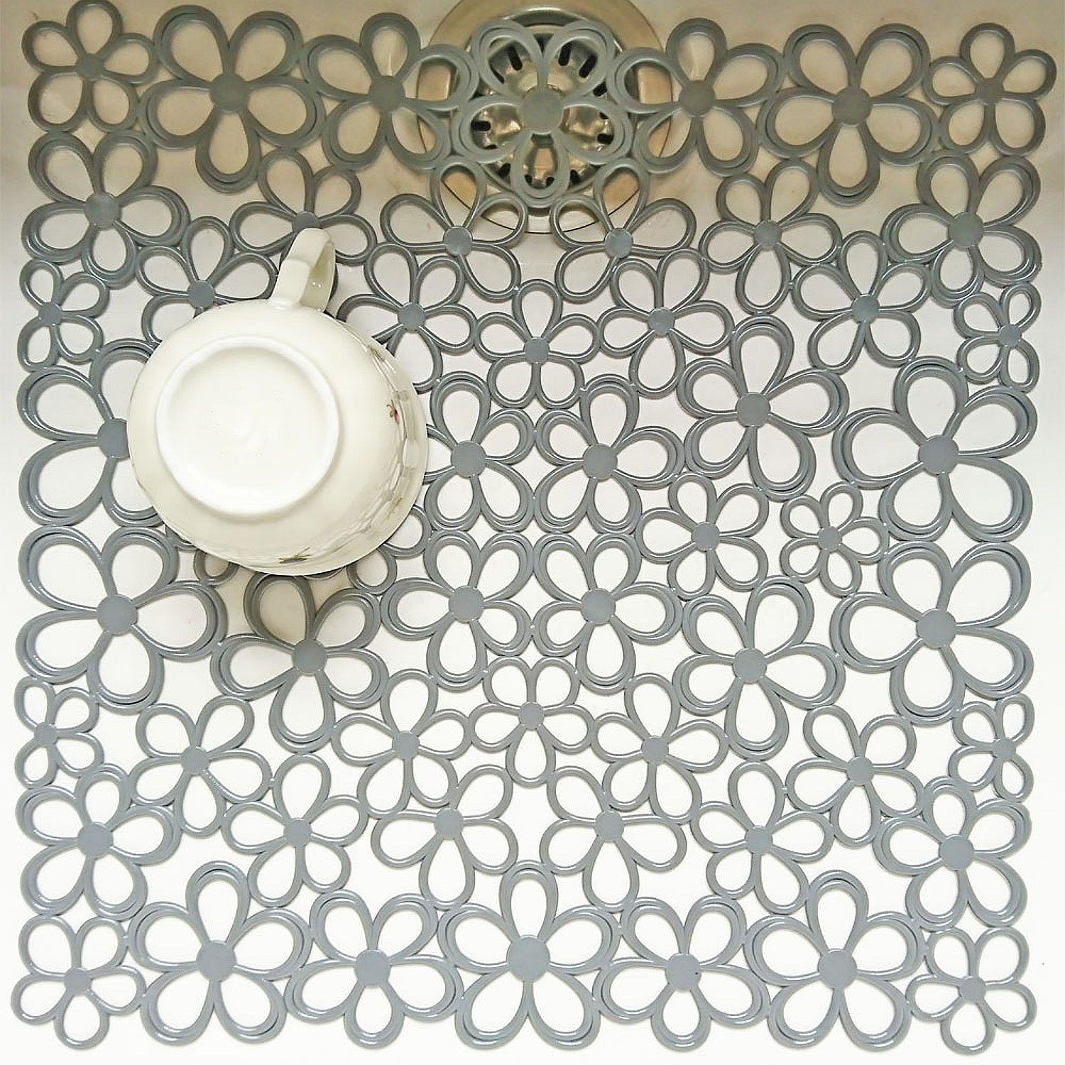 meberg Edelstahlspüle Abtropfmatte Küche Spülbecken-Schutz vor Kratzern Schutzmatte, quadratisch, (Kratzschutz Küche Einlage Spülbecken Schutz vor Kratzern Schutzmatte), Design Spülbecken-Einlage Grau Blumen, Kunststoff Eckig 31,7 x 31 cm