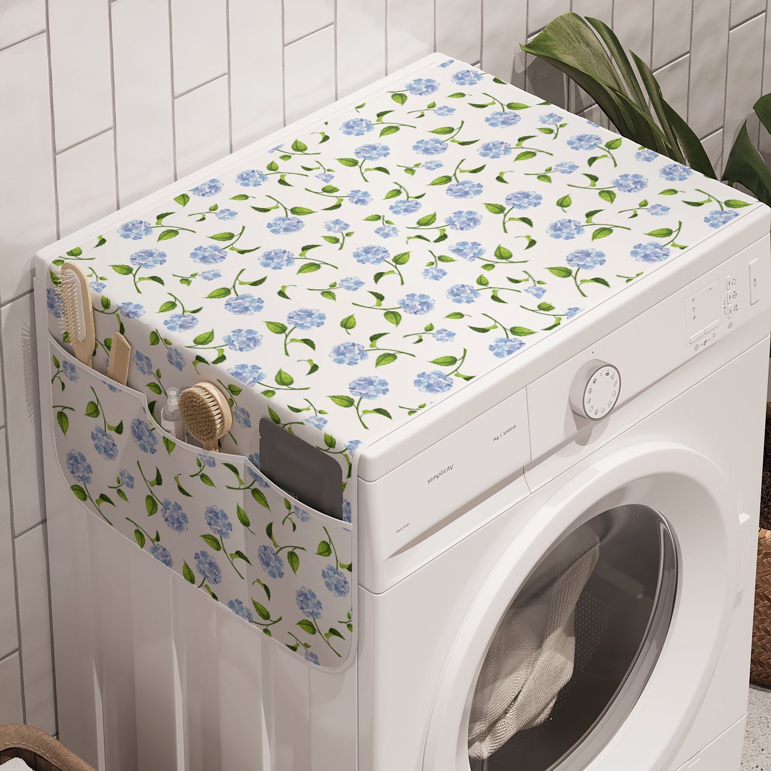 Abakuhaus Badorganizer Anti-Rutsch-Stoffabdeckung für Waschmaschine und Trockner, Blumen Aquarell-Blue Hydrangea