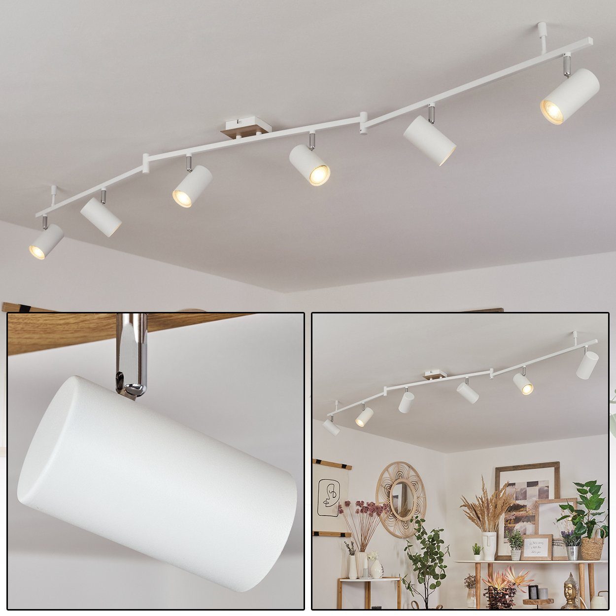 hofstein Deckenleuchte »Gambellara« Deckenlampe aus Metall in Holzoptik/Chrom/Weiß, ohne Leuchtmittel, 6xGU10, Moderne Lampe mit 6 verstellbaren Spots und Leuchtenarmen