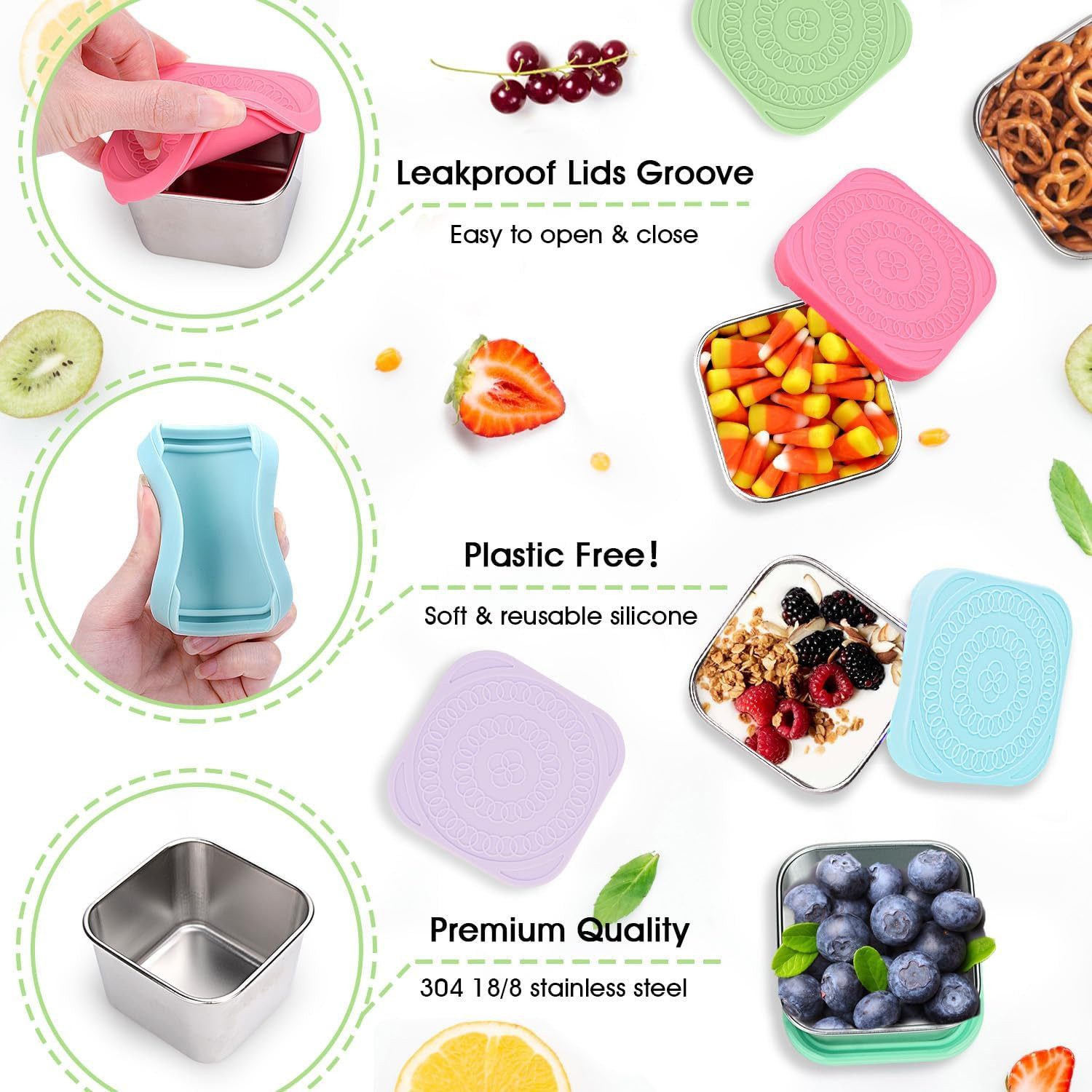 Refined Living Vorratsdose 5er Set Edelstahl Snack-Container 180 ml, mit Silikondeckel,BPA-frei, Edelstahl 304 + Silikondeckel, (Auslaufsicher Snack Container, Lunchbox Edelstahl klein, Dips Box Edelstahl mit Silikondeckel, Stapelbare Lebensmittel-Box klein, Wiederverwendbare, Auslaufsicher, stapelbar, 5-tlg., Perfekt für Obst, Nüsse, Dips, Soßen, Gemüse, Joghurt, Dressings), für Büro, Arbeit, Schule, Reisen oder Picknicks