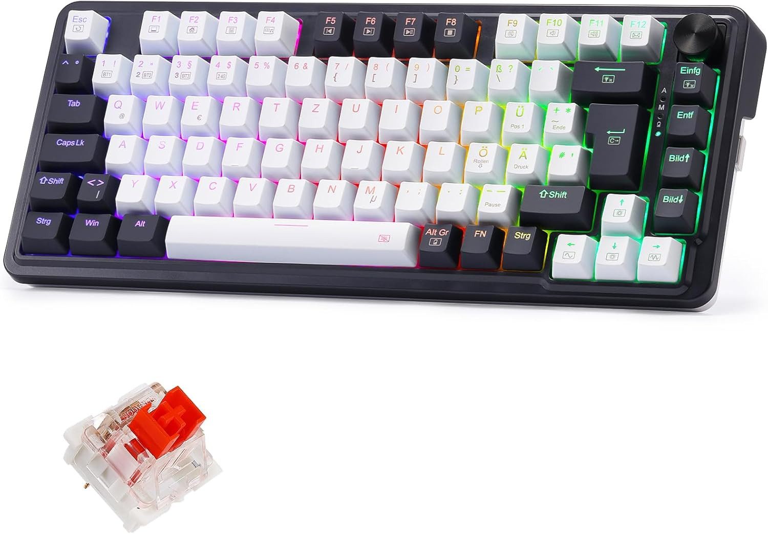 Redragon DE Layout, RGB, 2.4GHz/BT/Wired, Red Switches, Schwarz & Weiß Gaming-Tastatur (Hintergrundbeleuchtung, Hot-Swap-fähig, Programmierbare Tasten)