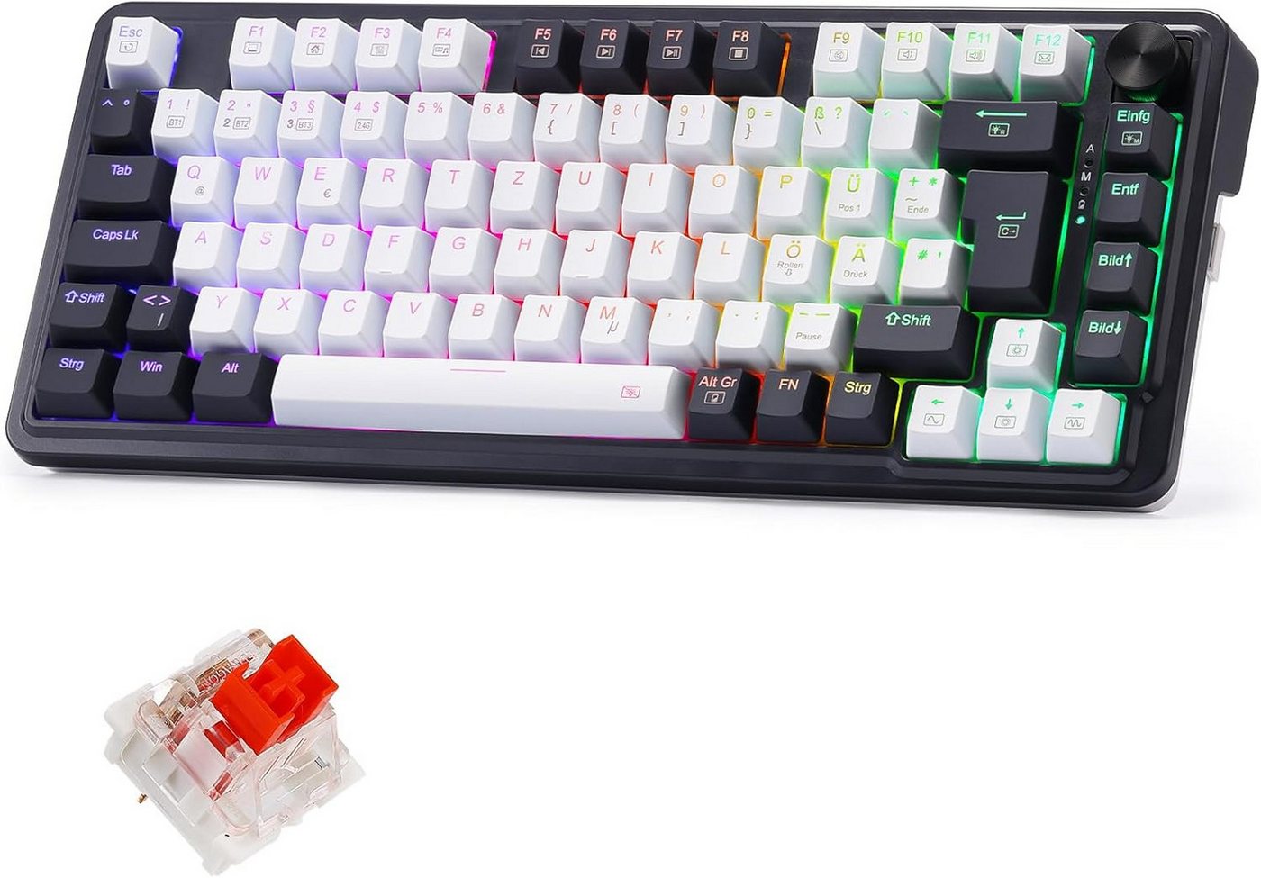 Redragon DE Layout, RGB, 2.4GHz/BT/Wired, Red Switches, Schwarz & Weiß Gaming-Tastatur (Hintergrundbeleuchtung, Hot-Swap-fähig, Programmierbare Tasten)